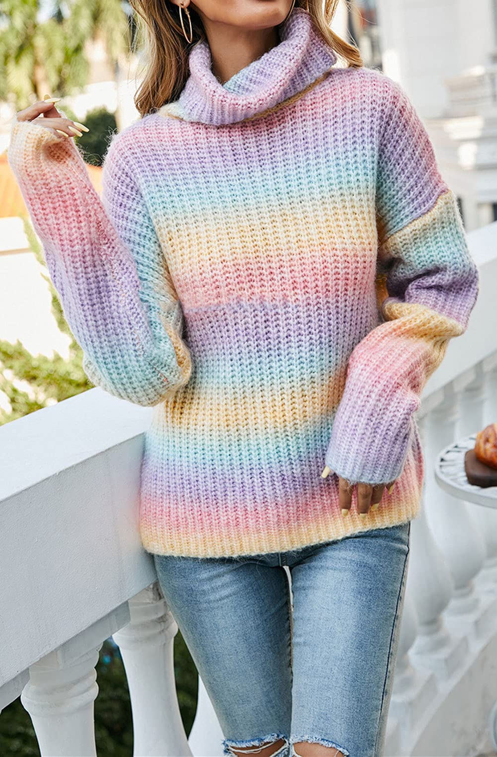 CHARTOU Women's Chunky Ribbed Turtleneck Sweater - Rainbow Gradient Color Knit Pullover for Winter Fashion & Casual Outfits | Perfect for Office, Date Night & Holiday Gatherings