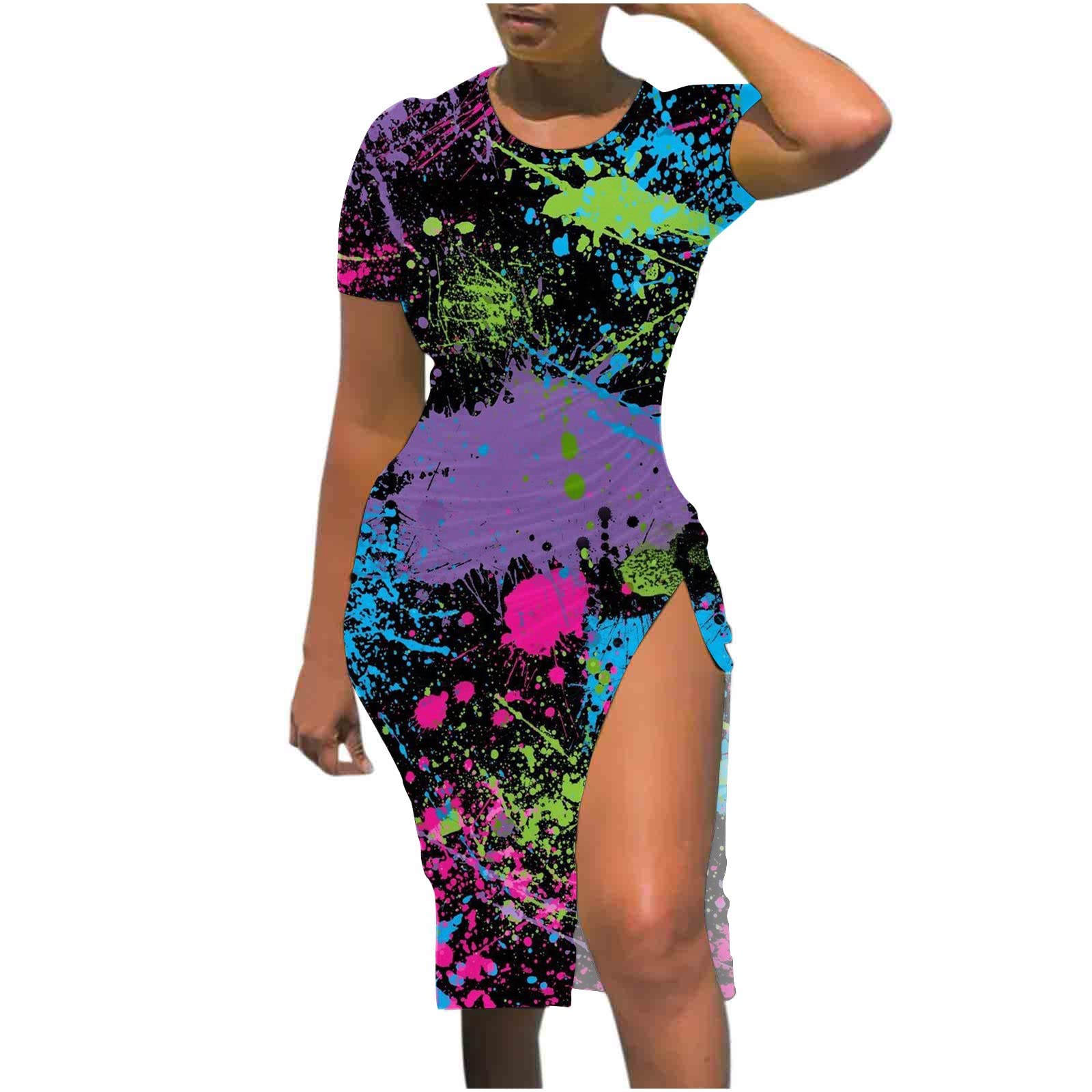 Women's Casual Printed Round Neck Short Sleeve Drawstring Split Dress - Summer Beach Wear, Vacation Outfit, Party Dress for Ladies