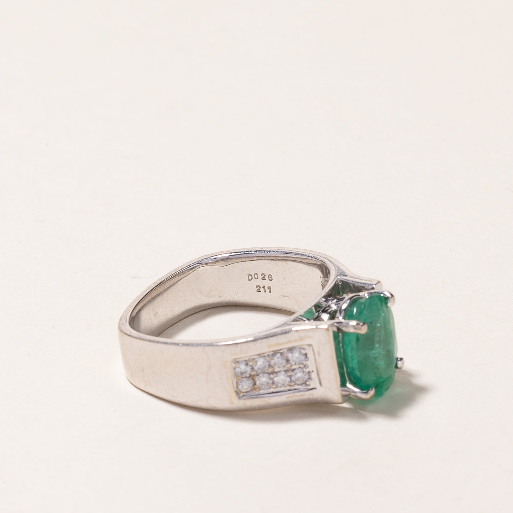 14K White Gold Emerald and Diamond Ring - 2.11ct Emerald & 0.28ctw Diamonds - Size 7.5 - Elegant Engagement, Wedding or Anniversary Jewelry Gift