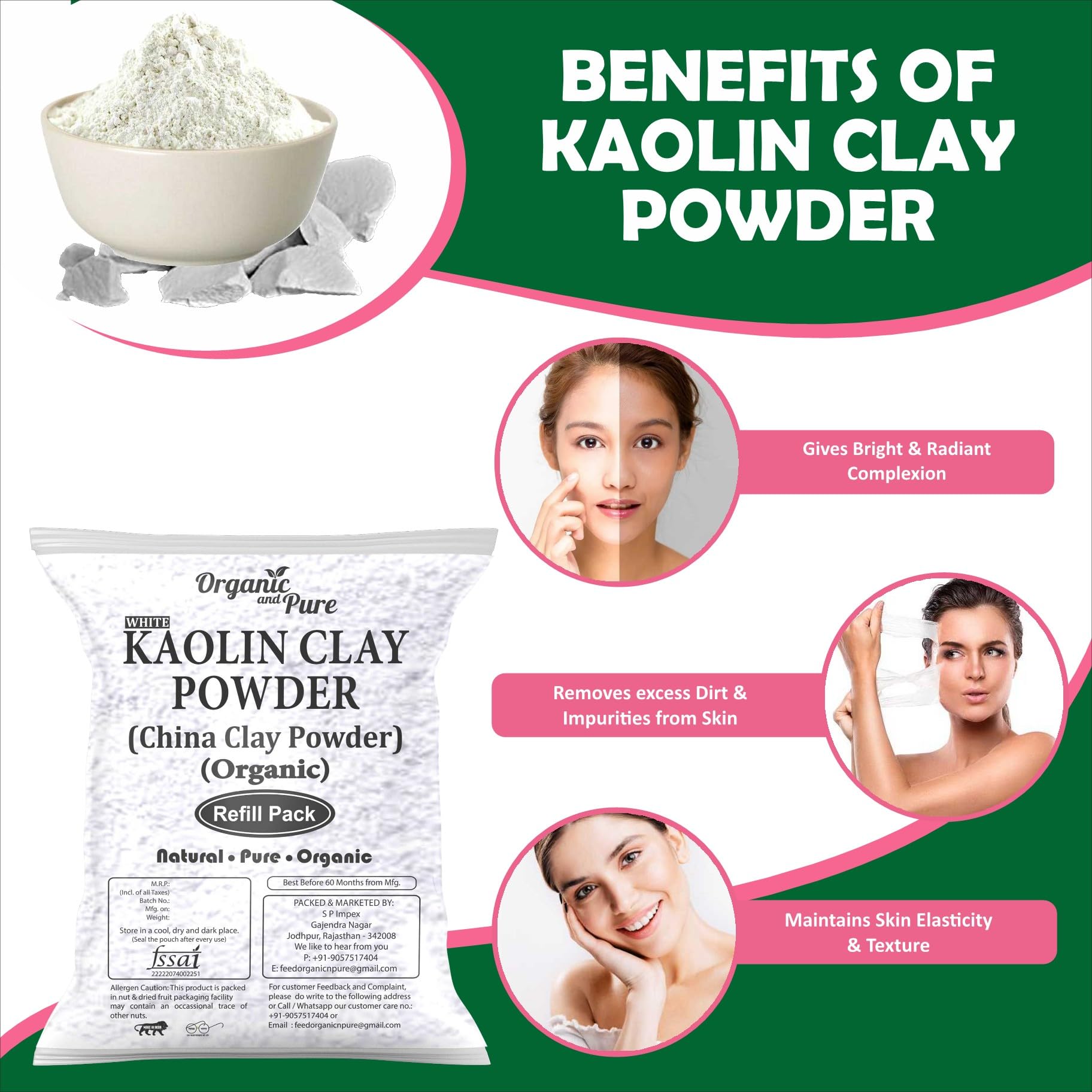 Organic Kaolin Clay Powder 400g - Pure White China Clay for Skin Whitening, Acne Treatment & Hair Care | Gentle Facial Mask, DIY Beauty Recipes, Spa Quality Cosmetic Clay | Refill Pack for Skincare Enthusiasts