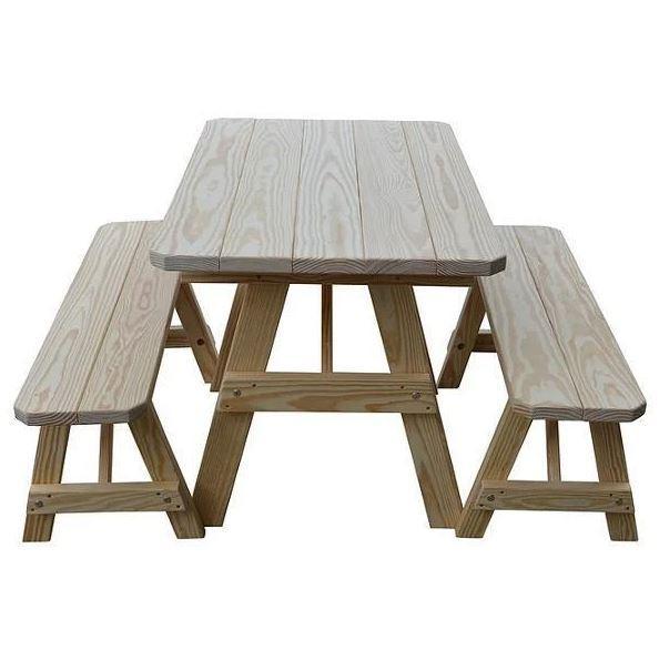 Unfinished Yellow Pine Traditional Dining Table with 2 Benches - Rustic Farmhouse Kitchen & Dining Room Furniture Set for Country Style Homes