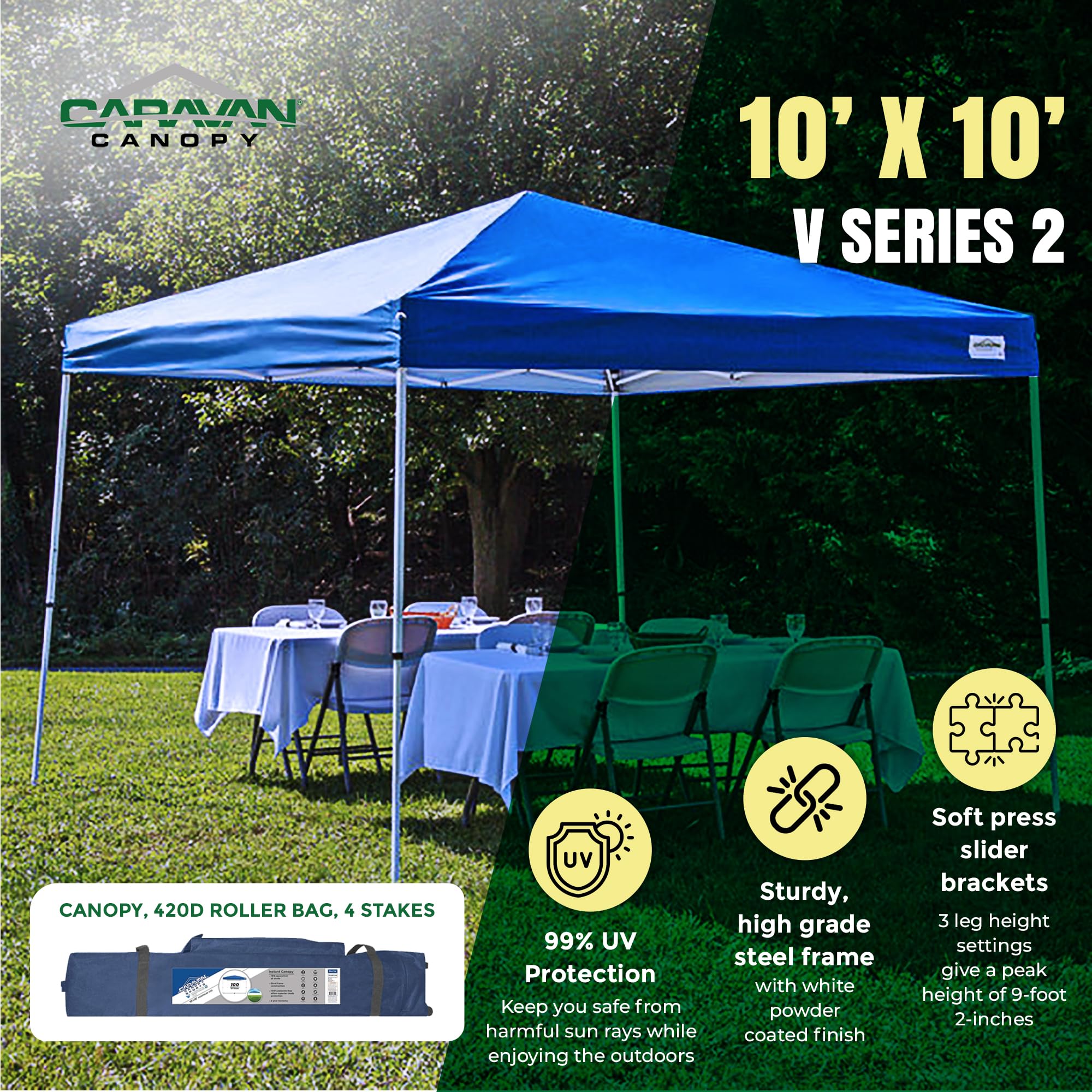 10'x10' Caravan Canopy Sports 21007800020 Pop Up Tent with 8'x8' Top - Blue Outdoor Canopy for Camping, Picnics, Beach & Backyard Parties