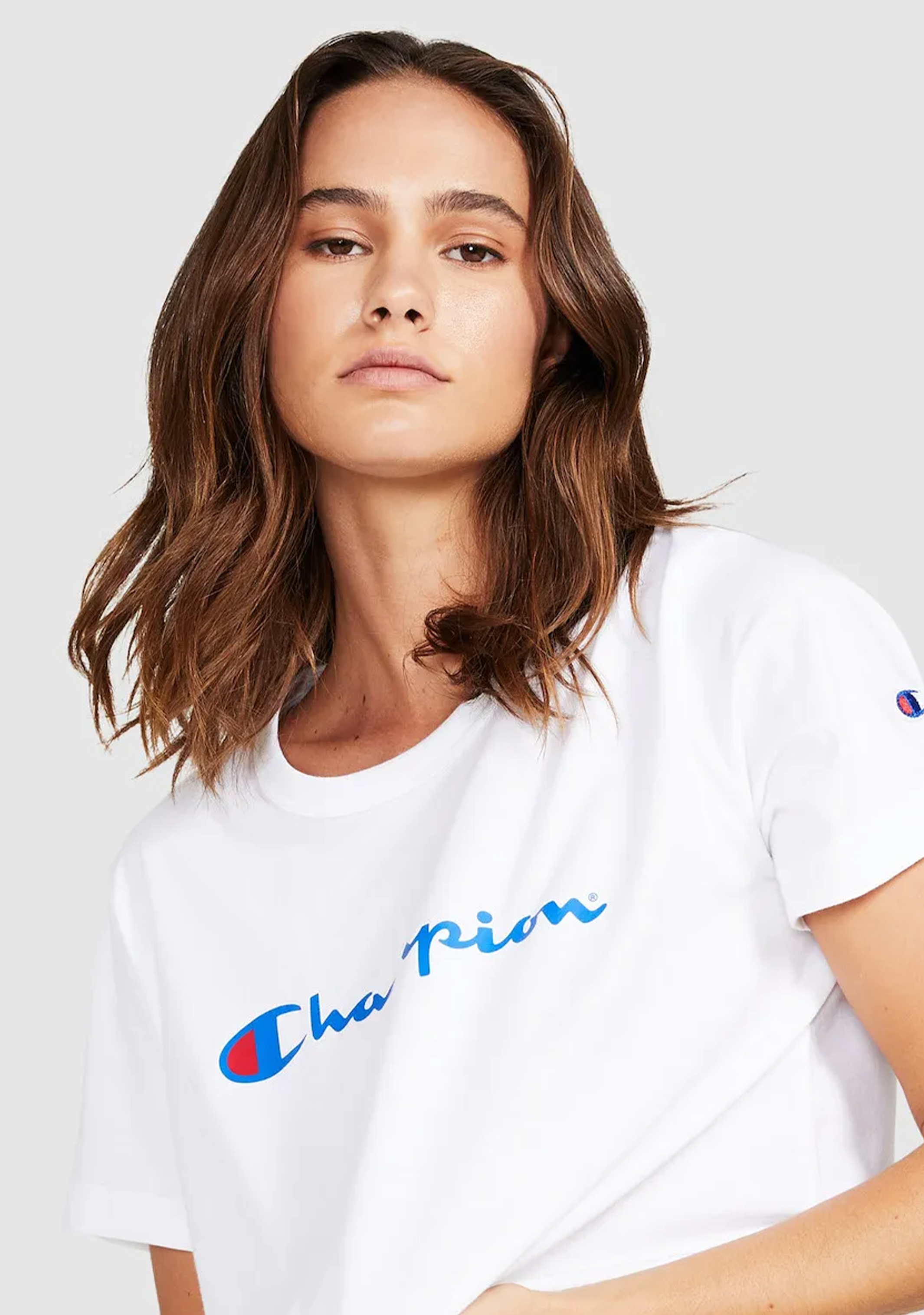 Champion Women's Script Logo Crop Boxy T-Shirt - White | Casual Streetwear, Gym, Lounge & Everyday Wear