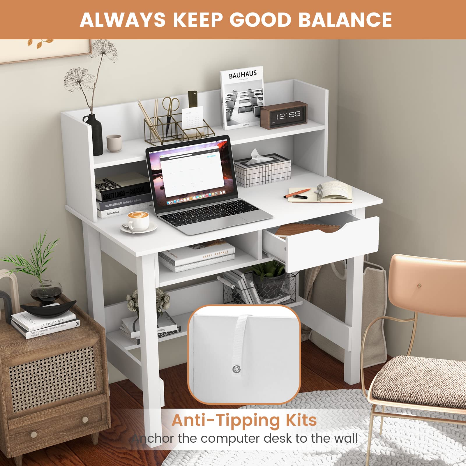 Tangkula White Desk with Hutch - Modern Home Office Writing Study Desk with Storage Bookshelf & Drawer, Makeup Vanity Desk for Bedroom, PC Laptop Computer Desk for Working & Studying - Perfect for Small Spaces, Dorm Rooms & Home Offices