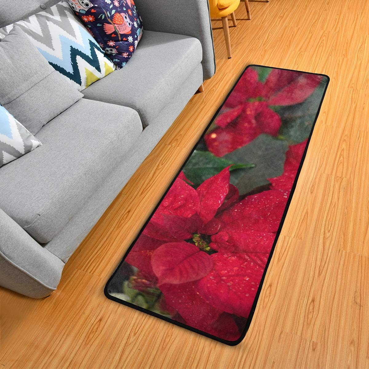 Christmas Runner Rug 2x6 - Non-Slip Red Poinsettia Holiday Floor Mat for Kitchen, Hallway, Bedroom, Entryway, and Living Room Decor