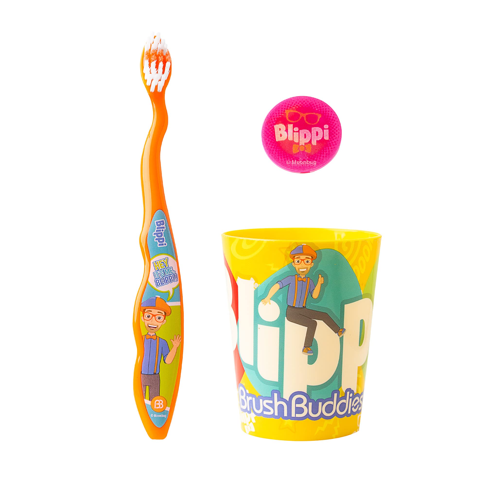 Blippi Kids Toothbrush Set - 3 Pack Manual Toothbrushes for Toddlers Ages 2-4 | Travel Toothbrush Kit with Protective Cover & Cup | Fun Dental Care for Toddlers at Home or On The Go