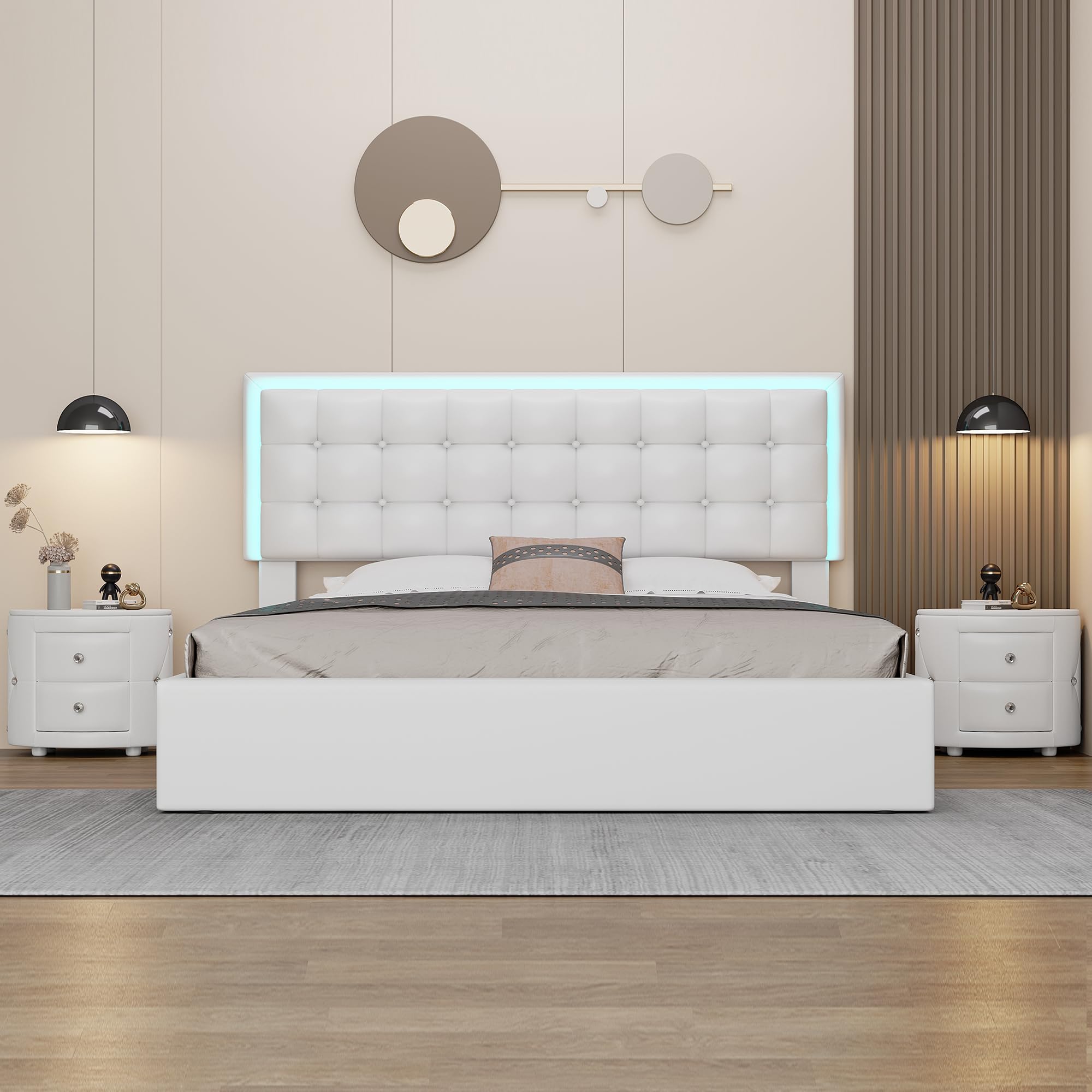3-Piece Queen Size Bedroom Set - Upholstered Platform Bed with Hydraulic Storage & Adjustable Headboard, 2 Crystal Nightstands | Modern Bedroom Furniture for Small Spaces & Guest Rooms (White)