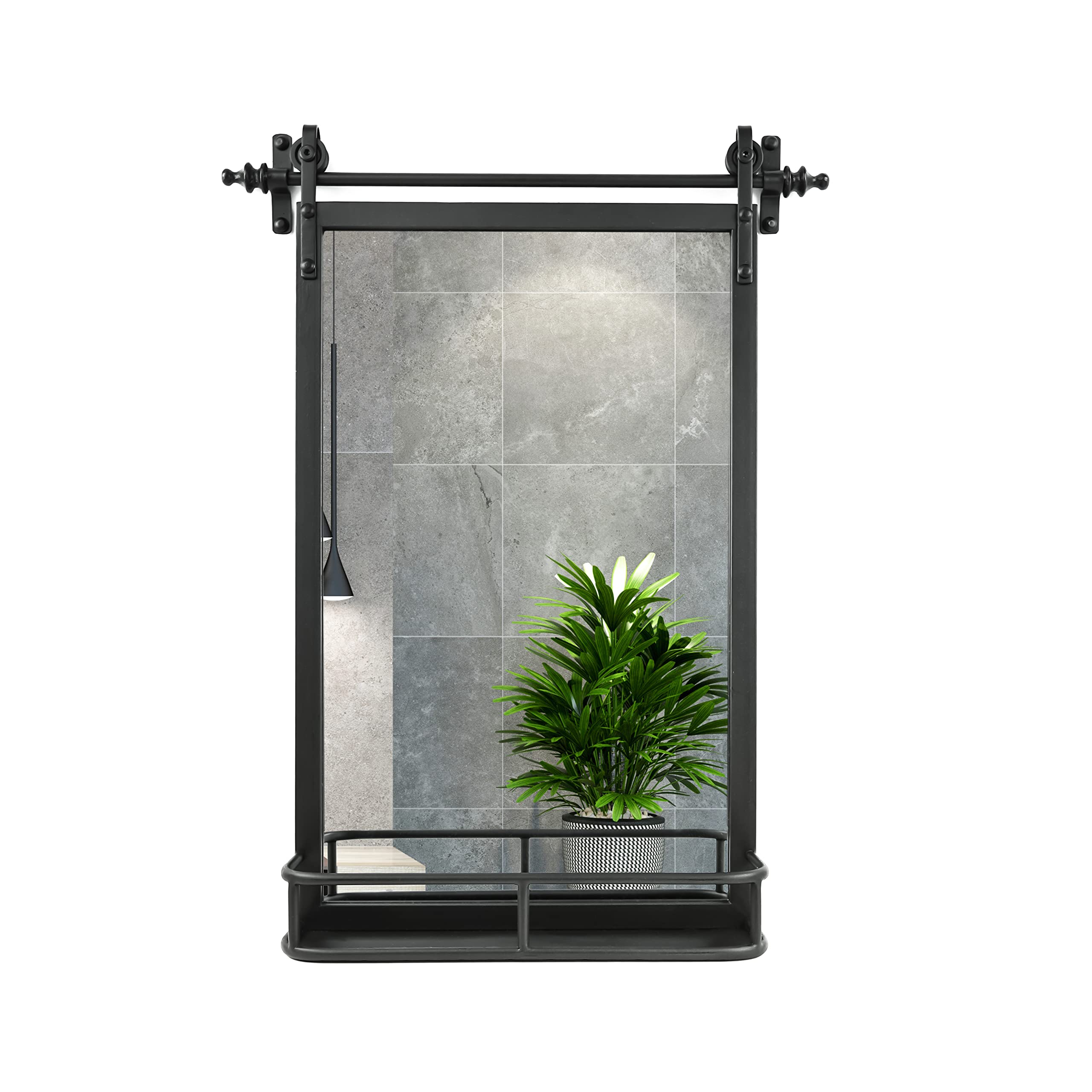 Farmhouse Iron Framed Wall Mirror with Shelf - 30