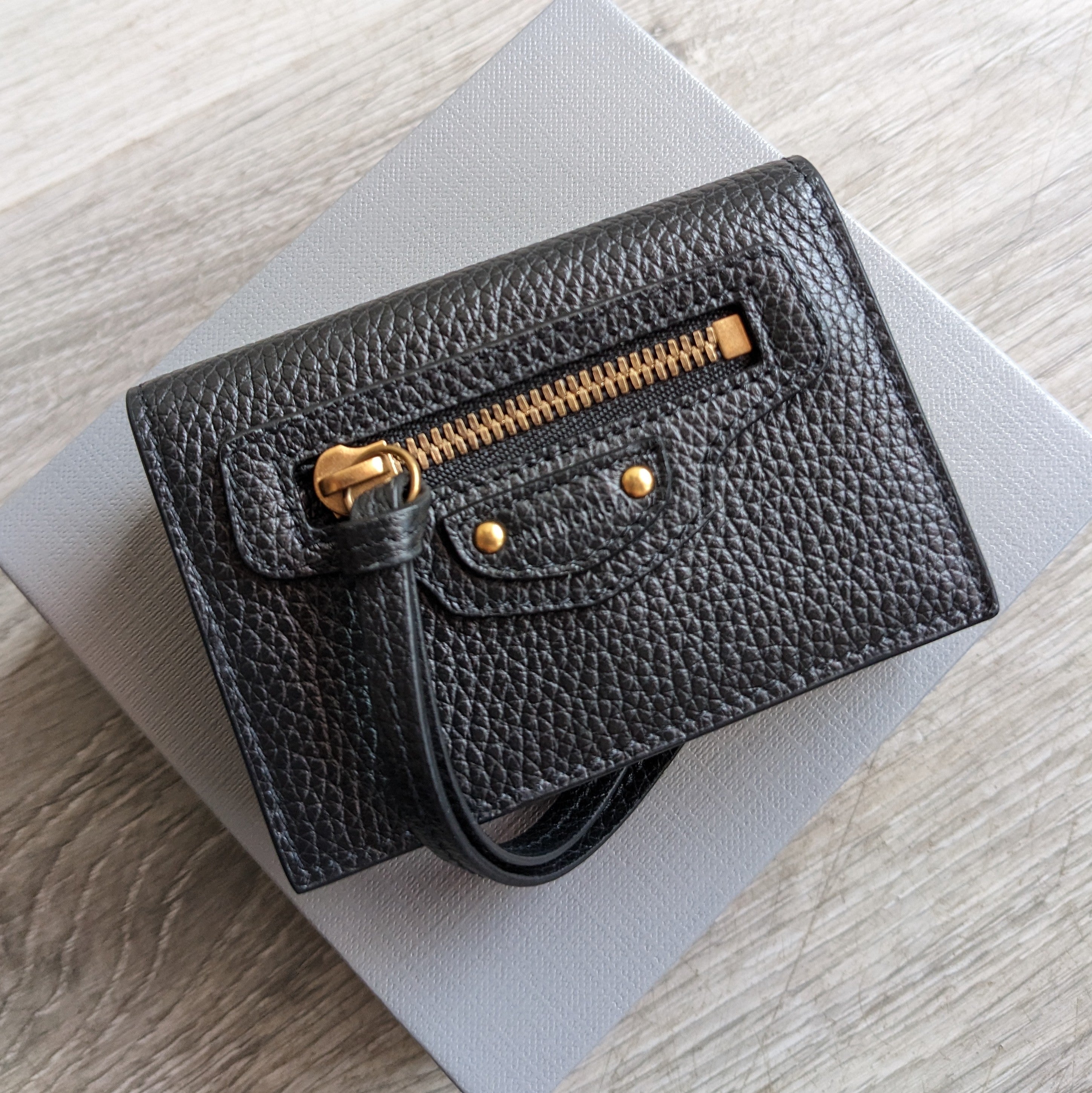 Balenciaga Black Grained Leather Neo City Tri Fold Mini Wallet for Women - Luxury Compact Card Holder & Cash Organizer - Perfect for Everyday Use, Travel, and Gifts
