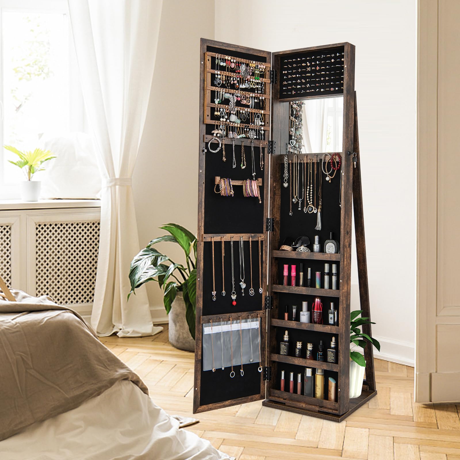 COSTWAY Standing Jewelry Cabinet with Full-Length Mirror - Large Capacity Jewelry Organizer with Lockable Doors & Rear Storage Shelves, Rustic Brown Jewelry Armoire for Women & Girls - Perfect for Bedroom, Closet & Dressing Room Organization