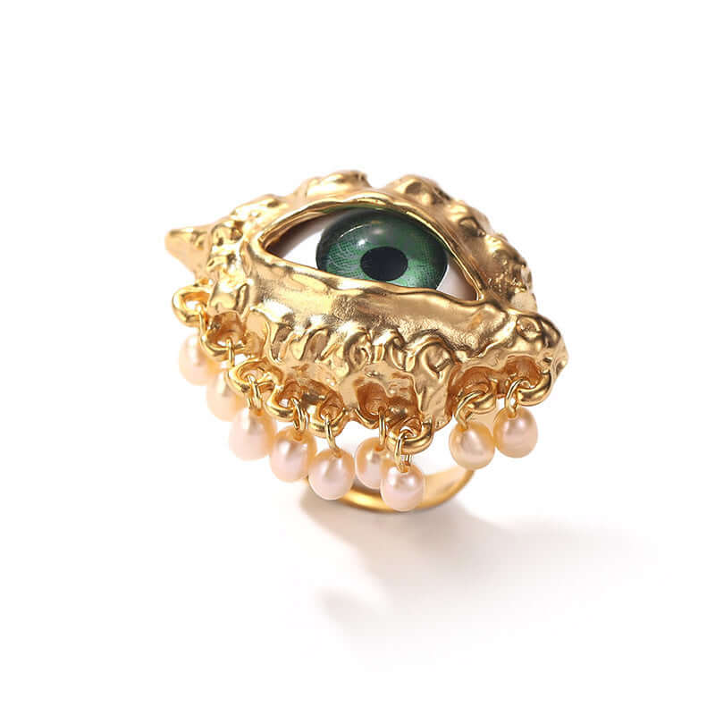 Evil Eye Cocktail Ring for Women - Chunky Statement Thumb Ring with Pearl Tassel | Boho Jewelry for Parties, Weddings & Night Out | Z1973
