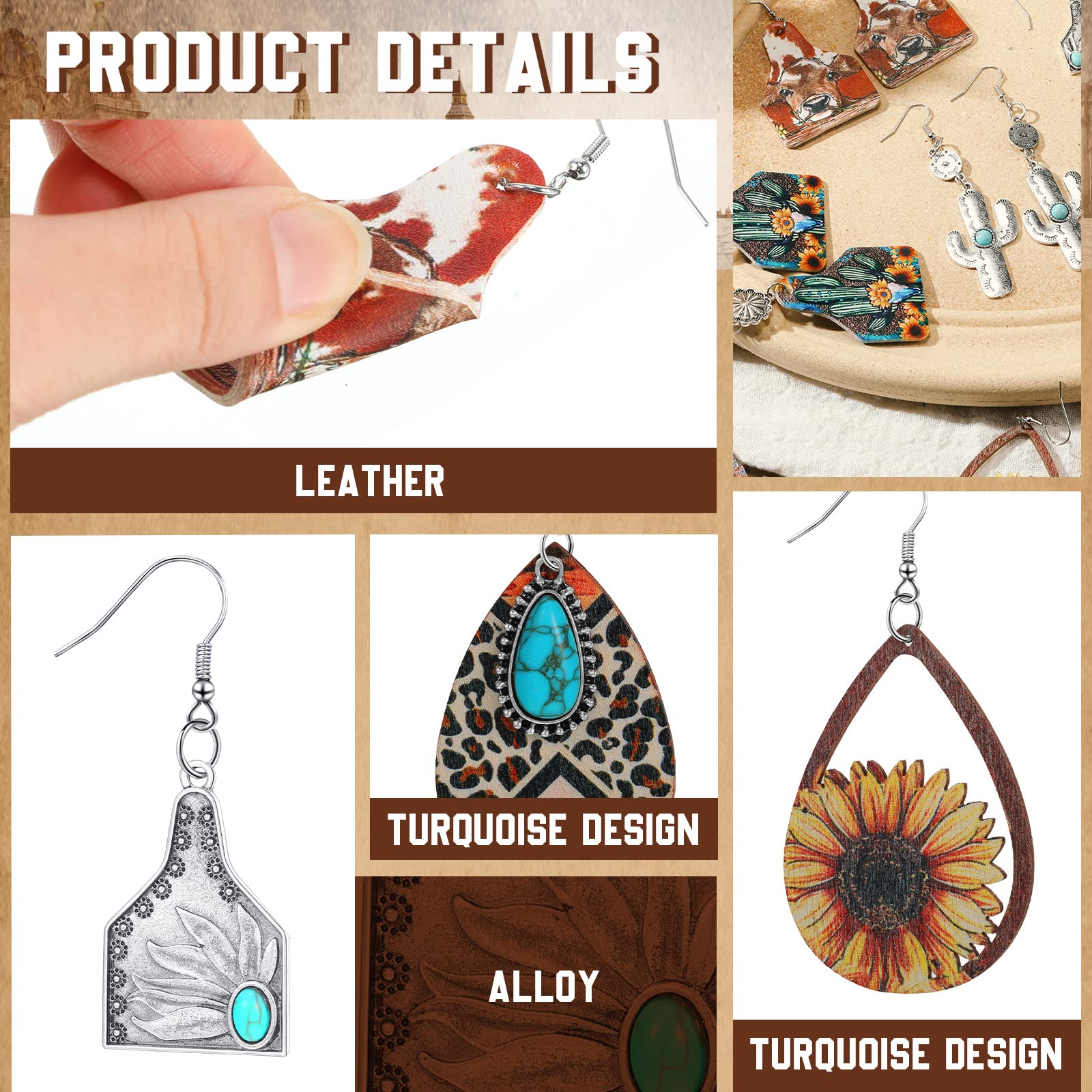 20 Pairs Western Cowgirl Earrings for Women - Boho Vintage Handmade Cow Print Leather & Turquoise Dangle Earrings Bulk - Perfect for Country Concerts, Rodeos & Bohemian Fashion