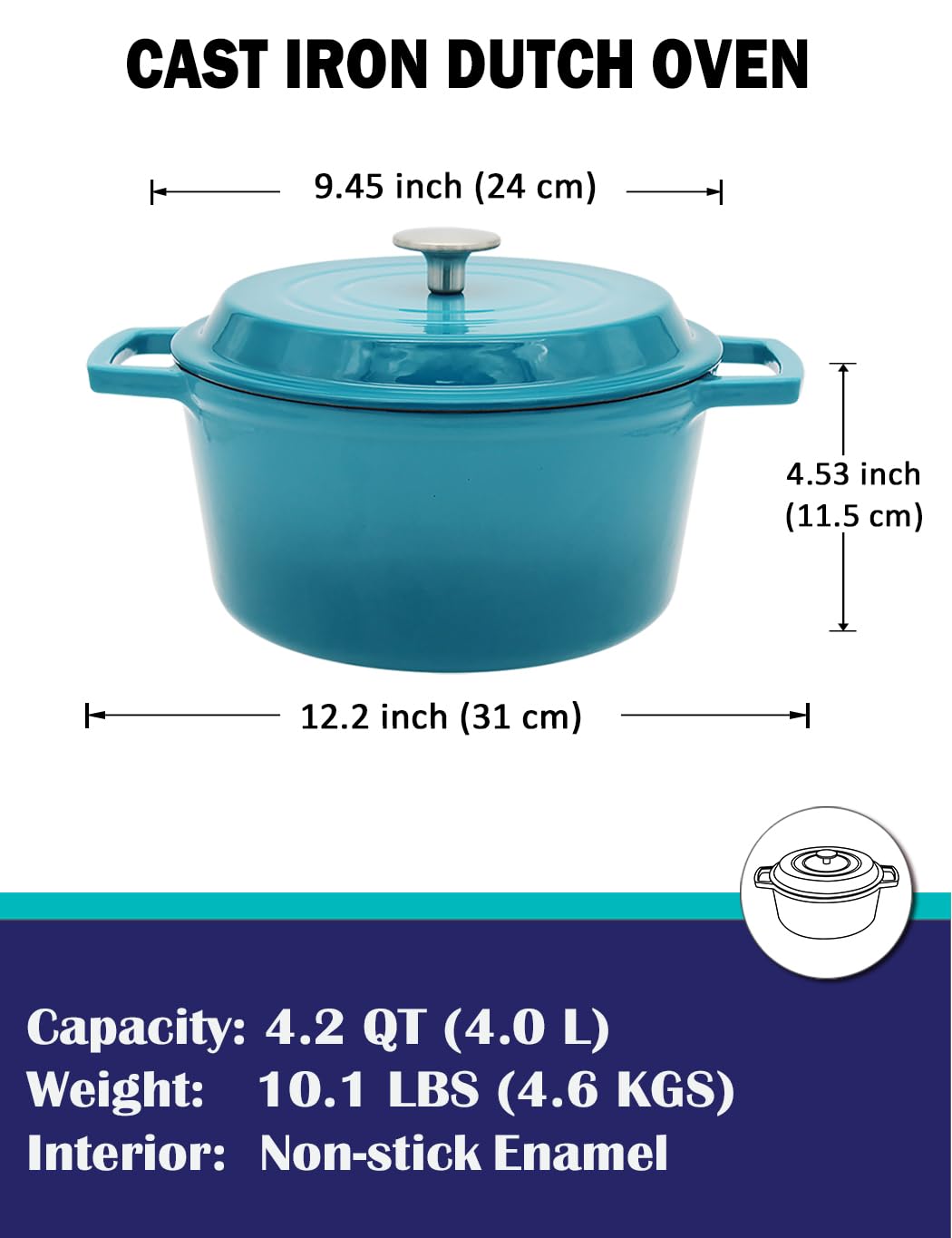 4.2 QT Enameled Cast Iron Dutch Oven with Non-Stick Interior - Multi-Purpose Cookware for Baking, Roasting & Braising - Compatible with All Cooktops & Dishwasher Safe - Perfect Gift for Family & Friends - Ideal for Camping, Home Cooking & Holiday Meals - Caribbean Blue
