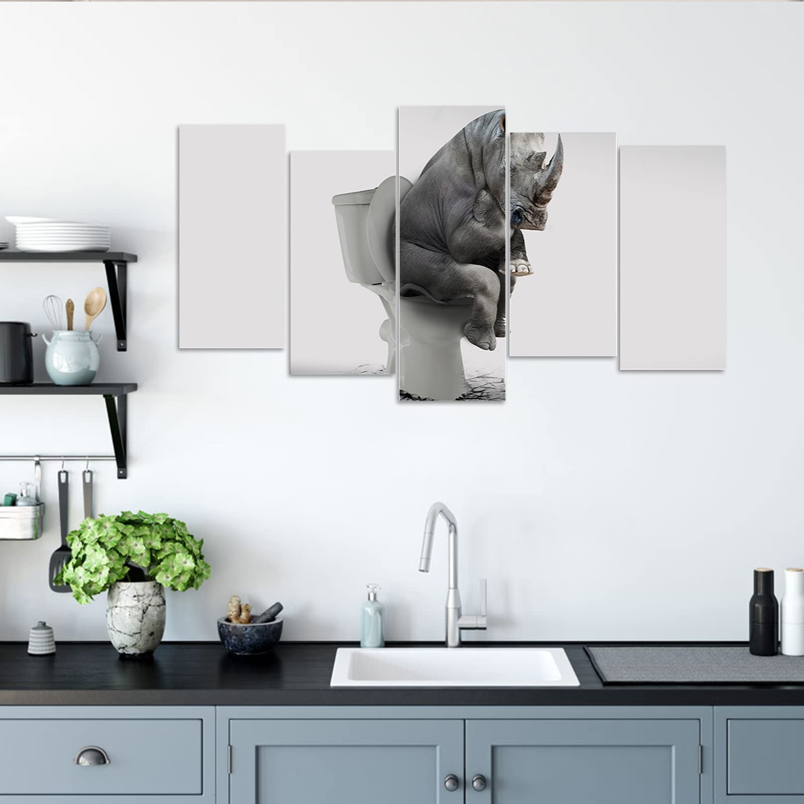 Funny Rhino Toilet Animal Wall Art - Large Framed Painting Prints for Living Room, Bedroom & Office Decor - Ready to Hang 5-Piece Set (60