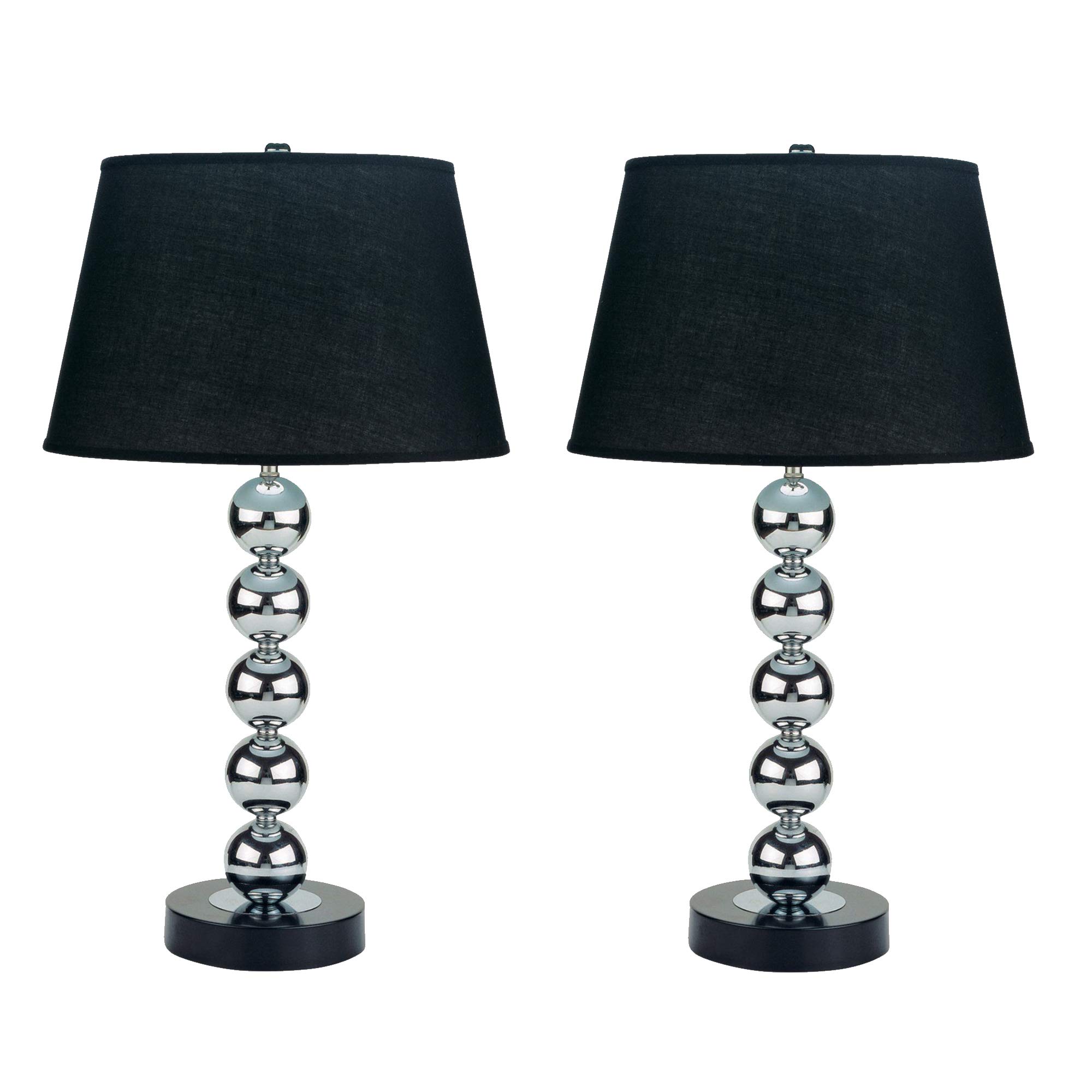 Benjara 2-Pack Black & Silver Metal Table Lamps with Fabric Drum Shades - Modern Bedside Lighting for Bedroom, Living Room, or Office