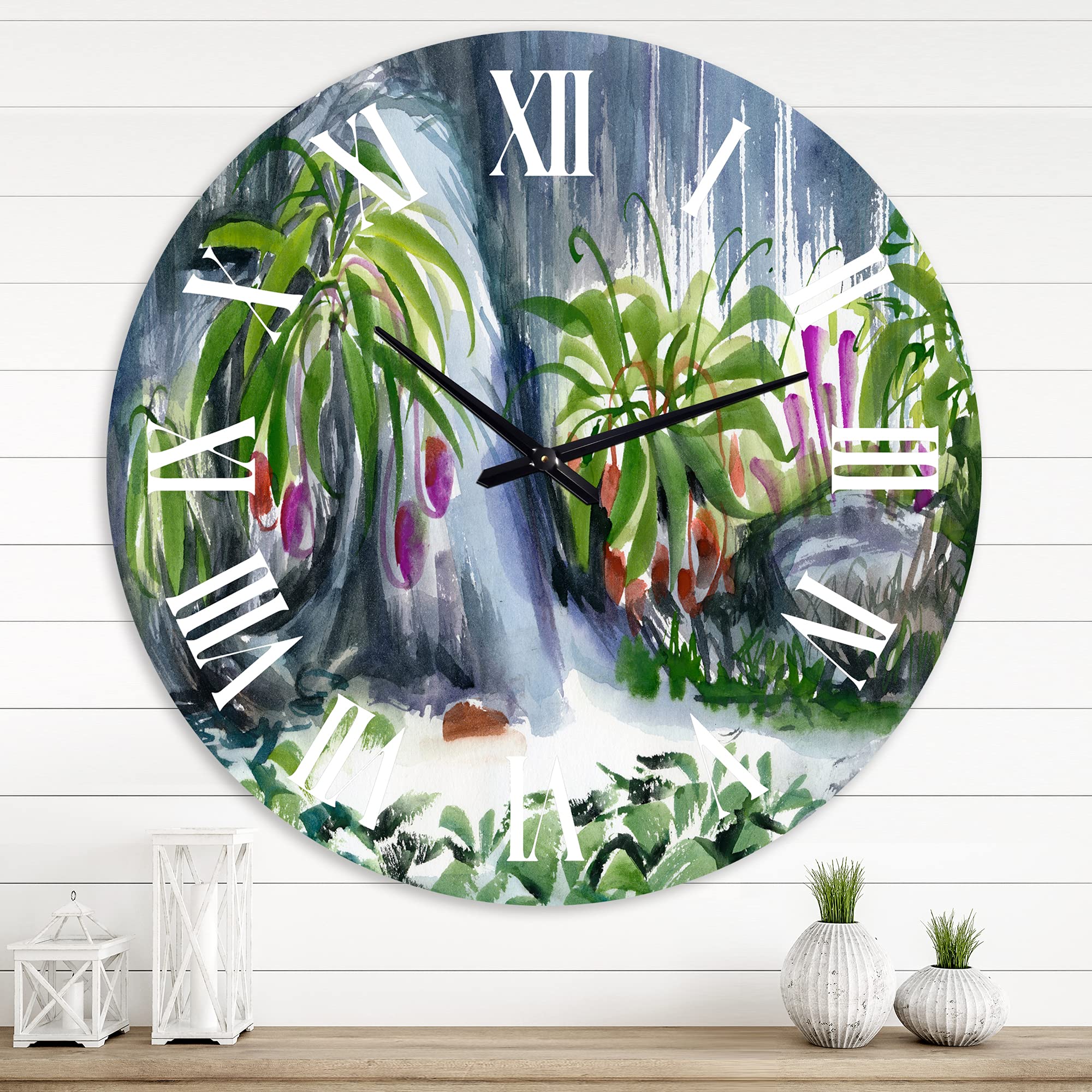 Farmhouse Wall Clock with Tropical Plants Oasis Design - Large Abstract Fractal Wall Decor for Living Room, Bedroom & Kitchen | Perfect for Home, Office & Cafe Décor