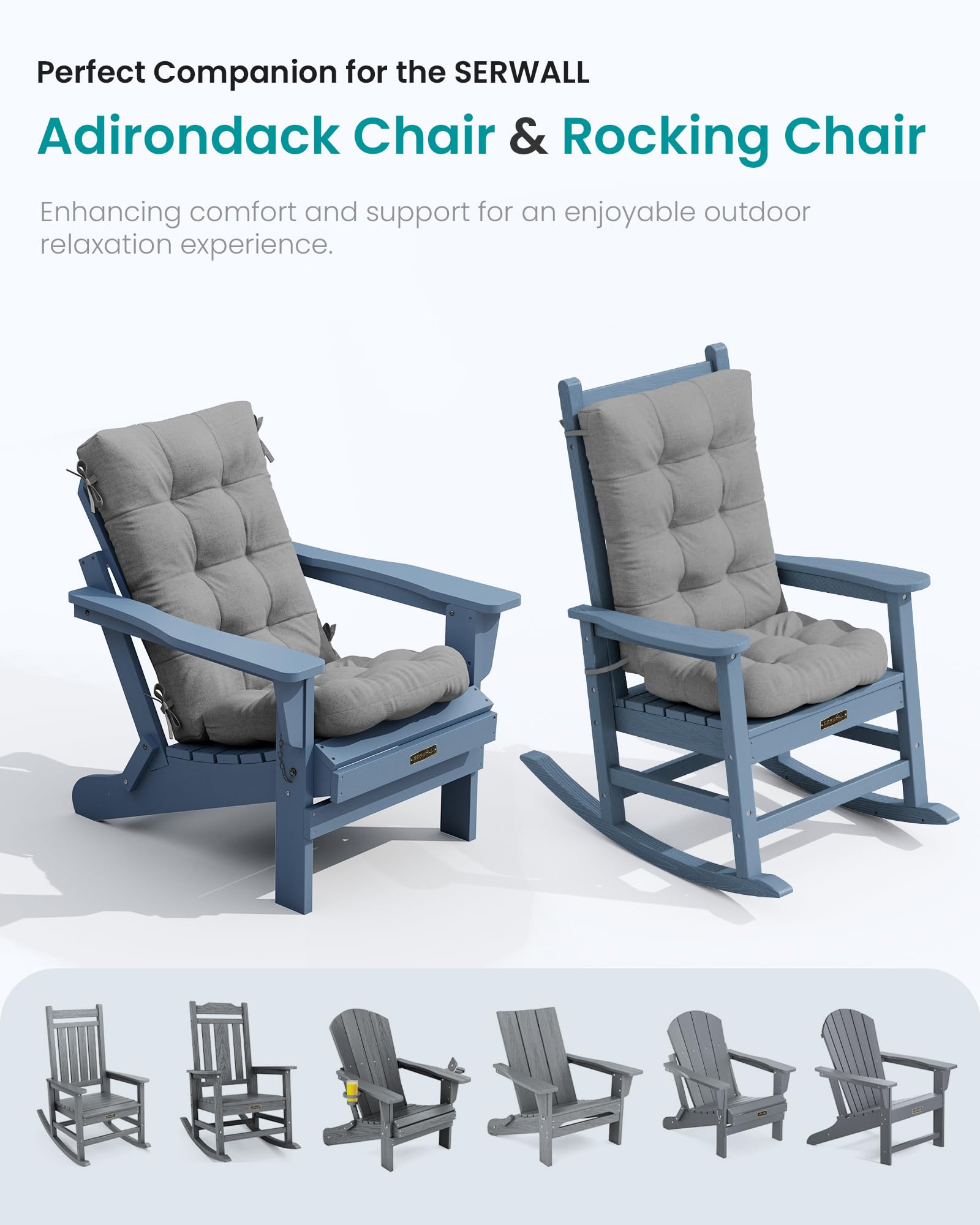 SERWALL Adirondack Chair Cushion Set of 4 - Memory Foam Seat & Back Cushions (Gray) for Outdoor Patio, Deck, Garden, and Poolside Relaxation