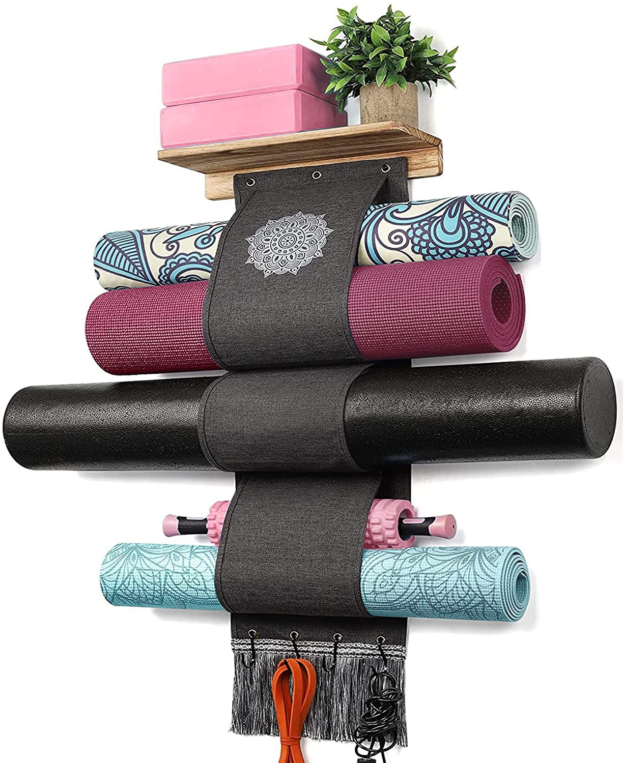 Premium Yoga Mat Holder Wall Mount Organizer - 4 Hooks & Wooden Shelves for Foam Rollers, Towels & Resistance Bands - Space-Saving Home Gym, Yoga Studio & Office Storage Solution
