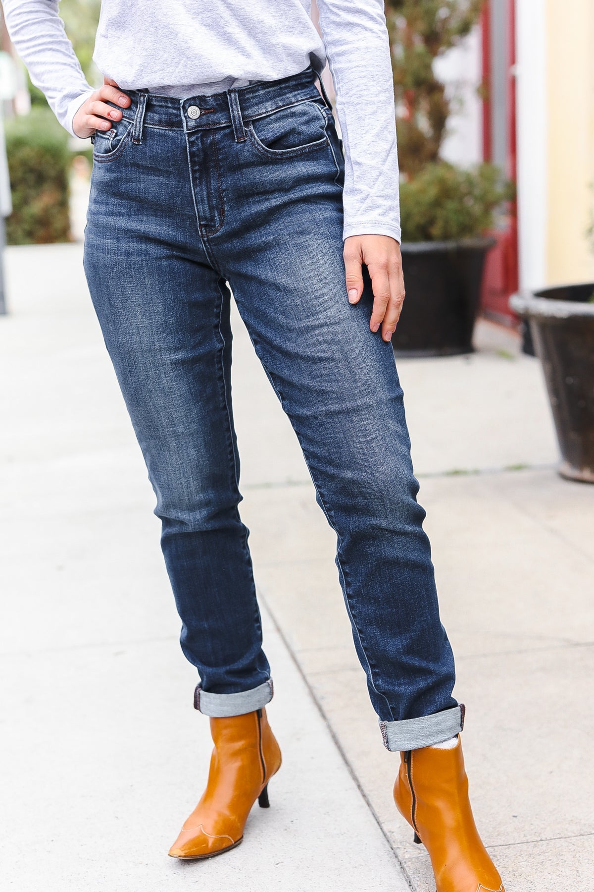 Judy Blue Dark Wash Mid Rise Cuffed Slim Fit Jeans for Women | Comfortable Stretch Denim Pants | Perfect for Casual Wear, Office & Date Night
