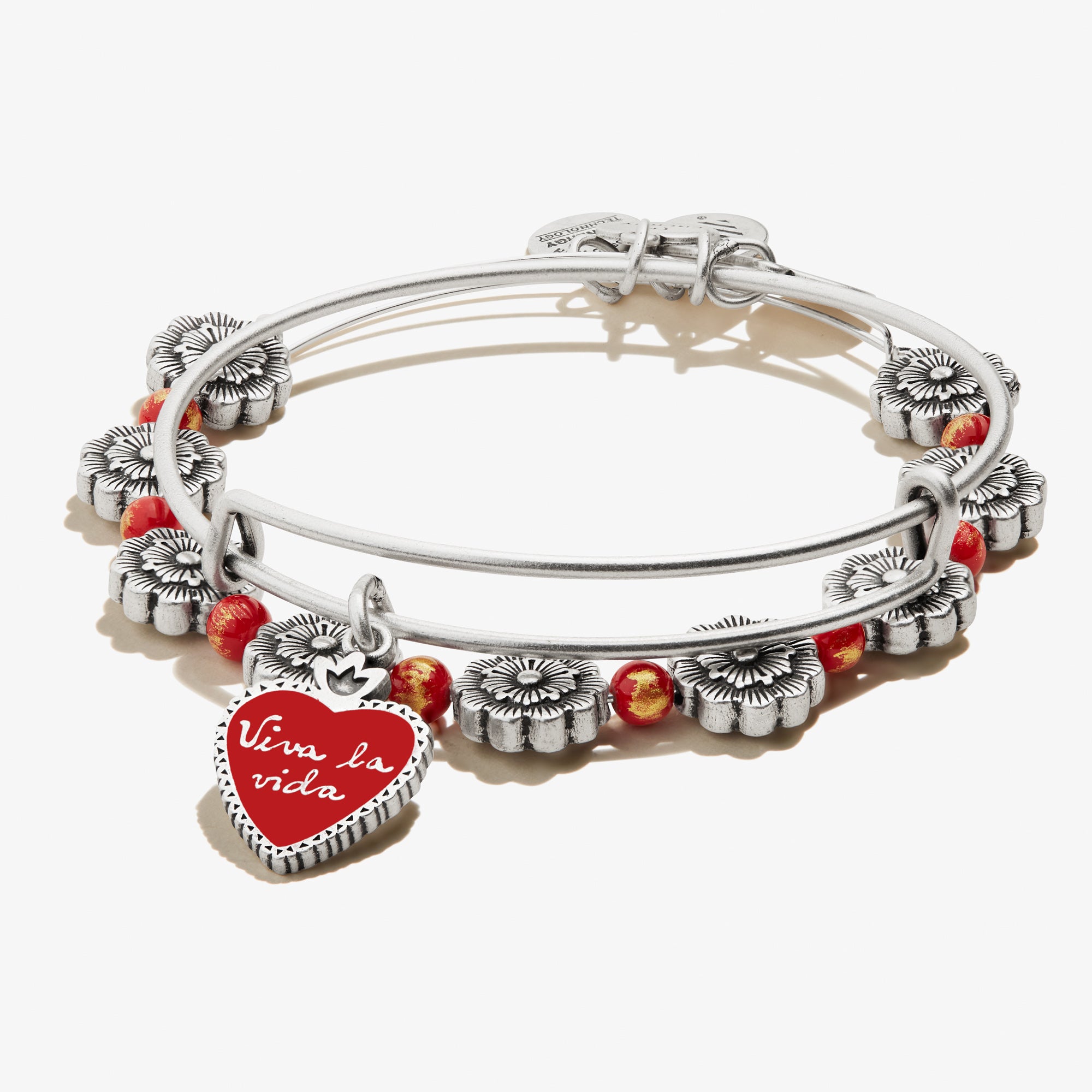 Frida Kahlo 'Viva la Vida' Sacred Heart Charm Bangle Bracelet Set of 2 - Mexican Folk Art Inspired Jewelry for Women, Perfect for Day of the Dead Celebrations & Boho Fashion Accessories