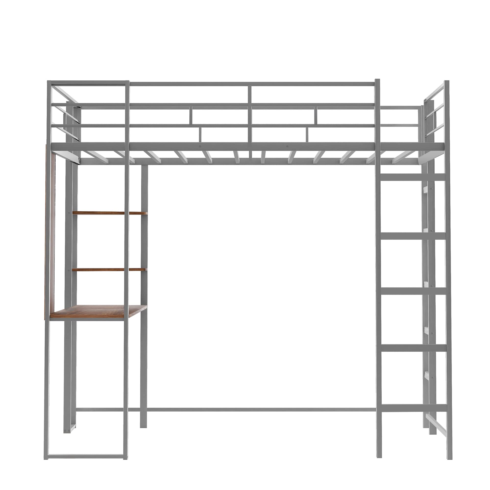 Harper & Bright Designs Twin Size Metal Loft Bed with Shelves & Desk - Sturdy Loft Bed Frame with Dual Ladders & Safety Rails for Kids, Teens & Adults - Space-Saving Study & Sleep Solution (No Box Spring Needed, Silver) - Perfect for Small Bedrooms, Dorms & Studio Apartments