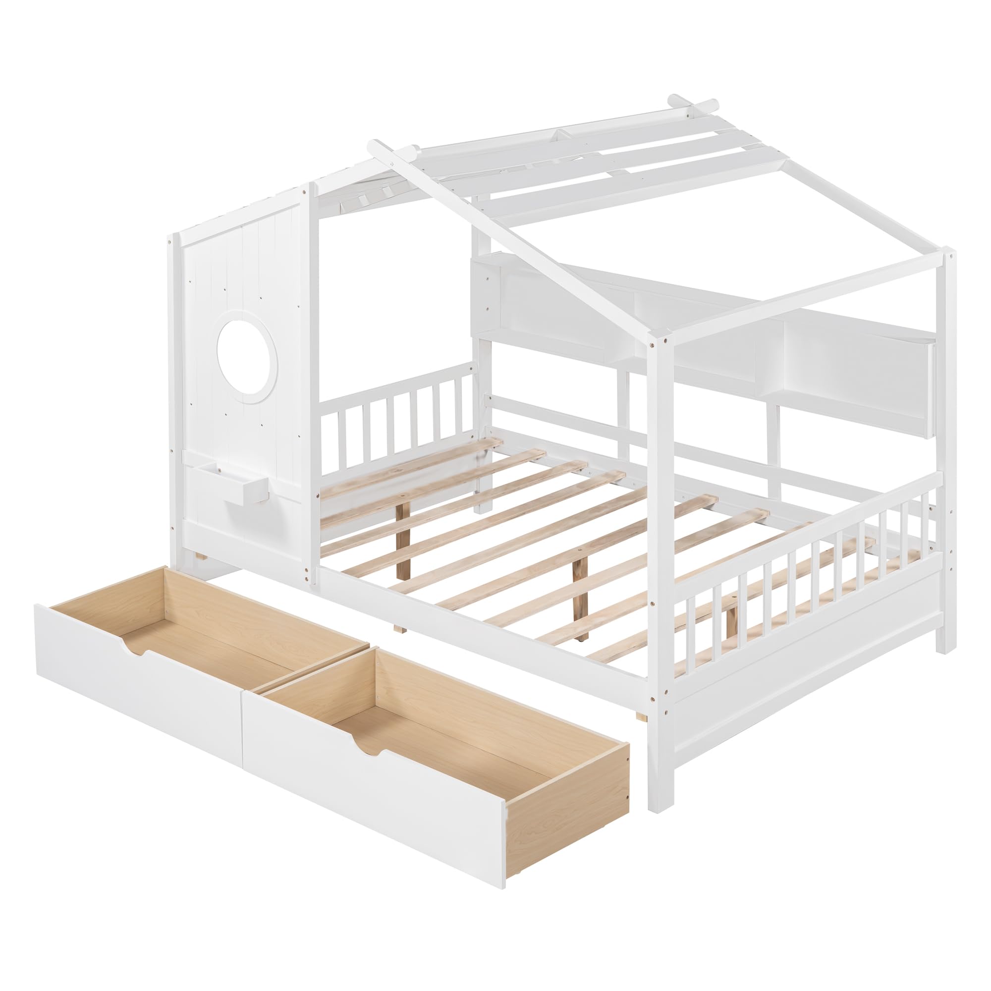 **Full Size Wooden Kids House Bed with Storage Drawers & Shelves - Montessori Playhouse Bed for Boys & Girls - White - Perfect for Bedrooms, Playrooms & Montessori Learning Spaces**