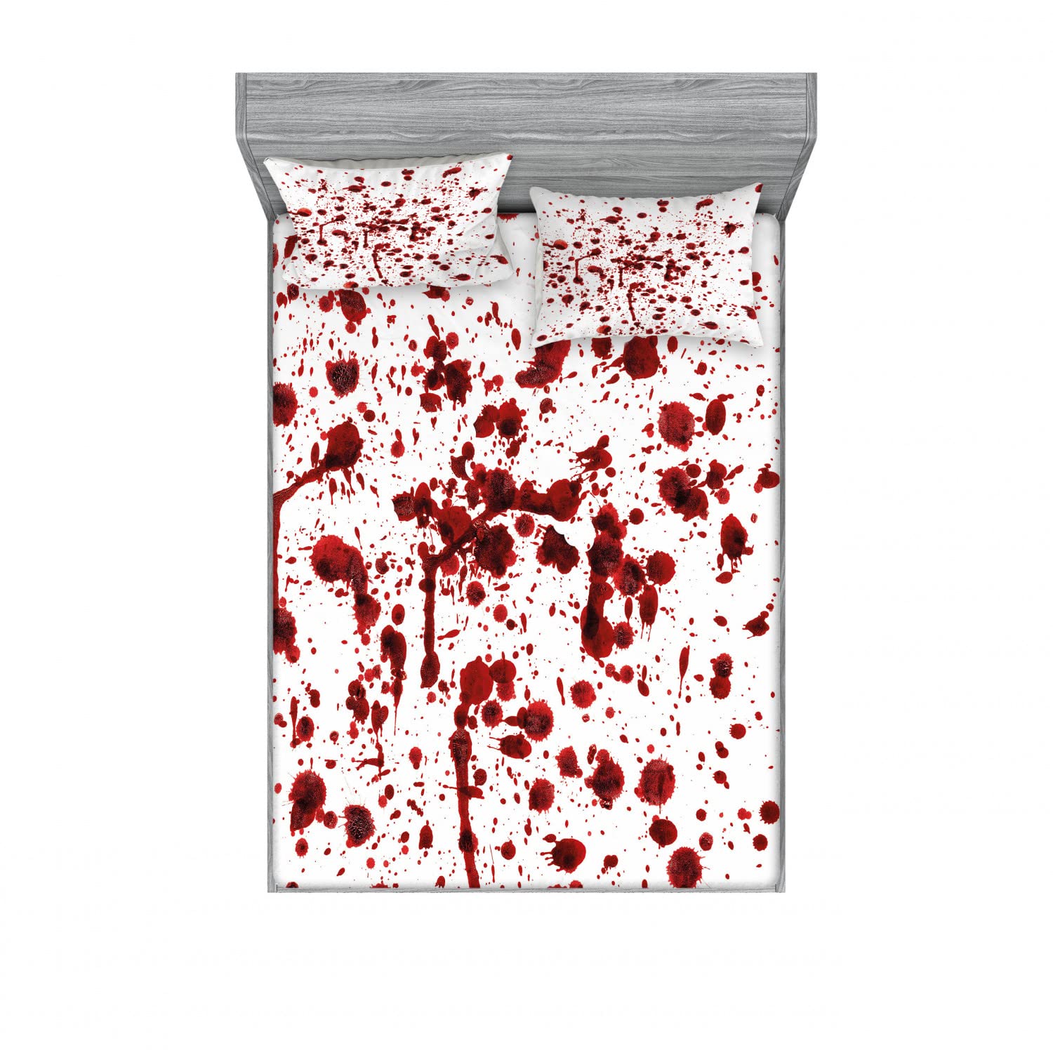 Ambesonne Bloody 2-Pack Full Size Fitted Sheet & Pillow Sham Set - Scary Splashes of Blood Design, 4-Piece Halloween Bedding Decor (2 Fitted Sheets + 4 Pillow Covers) in Red & White - Perfect for Spooky Bedroom, Haunted House Party & Horror Theme Decor
