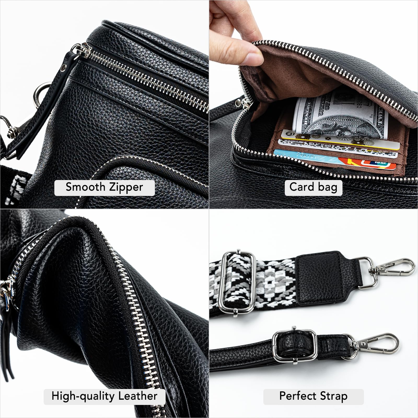 Letech+ Vegan Leather Crossbody Bags for Women & Men - Small Waist Pack Fanny Pack with Adjustable Wide Strap - Perfect for Travel, Running, Shopping & Daily Use (Black)