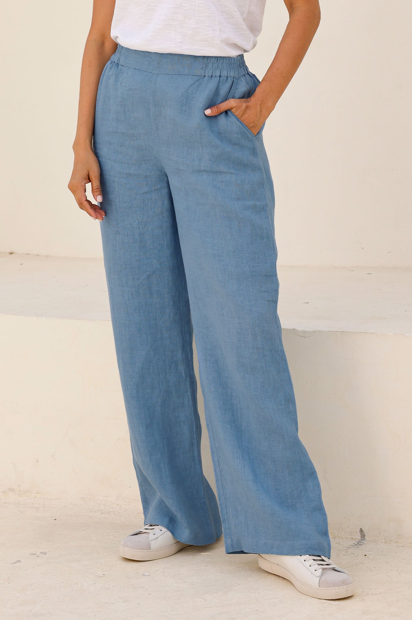 Breathable Wide Leg Linen Pants for Women - Lightweight Summer Casual Trousers in Blue & Grey | Perfect for Beach, Vacation and Boho Style Outfits
