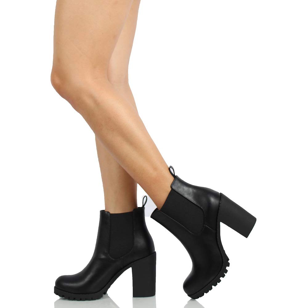 Soda Women's Chelsea Pull On Ankle Boots with Block Heel & Tab - Stylish & Comfortable for Casual Outings, Work & Fall Fashion