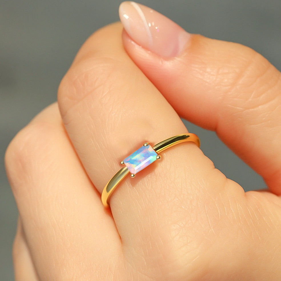 Natural White Opal Single Baguette Stone Solitaire Ring - Elegant Minimalist Jewelry for Women, Perfect for Weddings, Engagements & Everyday Wear