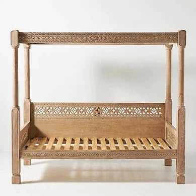 Hand Carved Canopy Style Solid Wooden Daybed - Rustic Wood Bed Frame for Patio, Porch, or Bedroom - Perfect for Outdoor Lounging & Indoor Relaxation