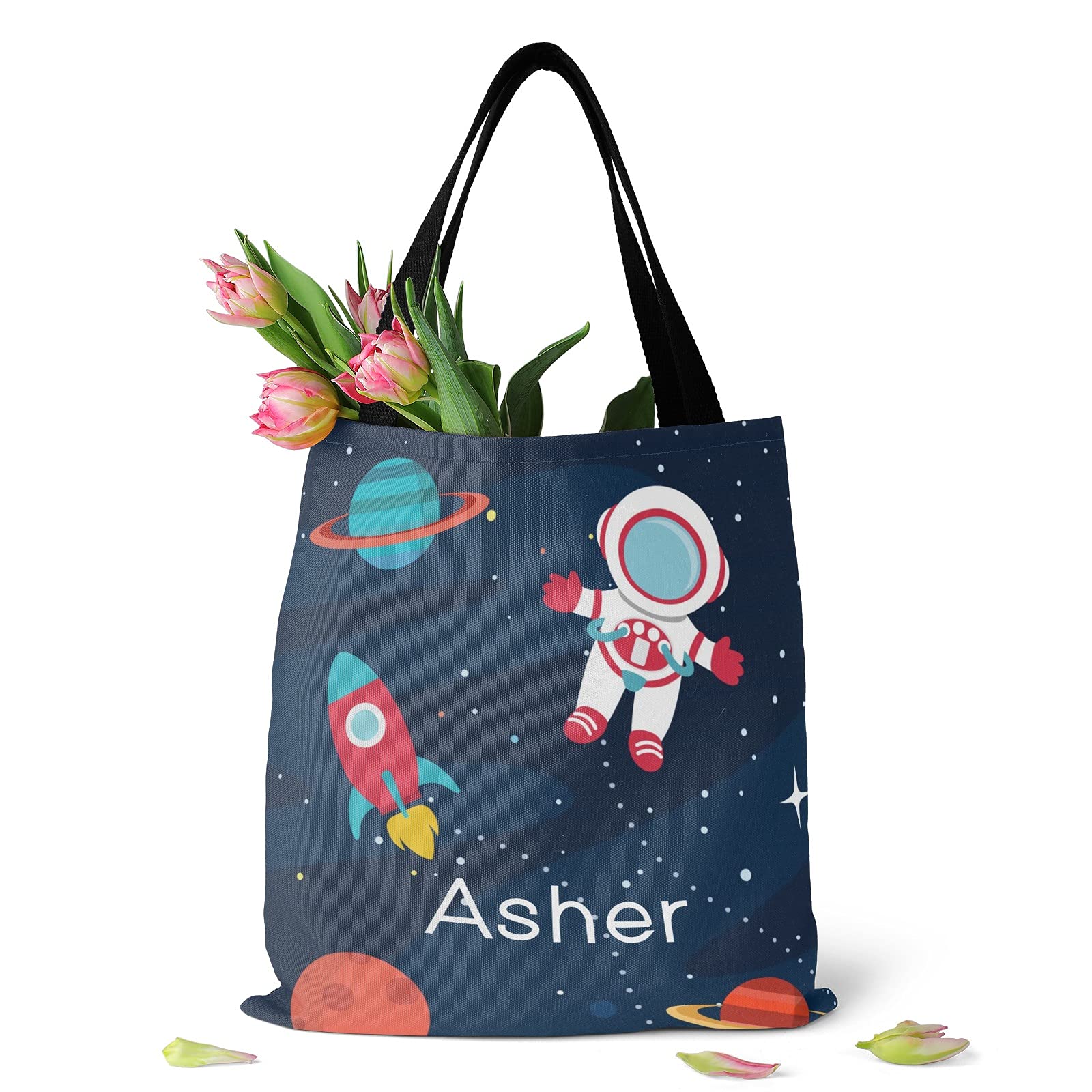NASA Astronaut Space Rocket Personalized Canvas Tote Bag - Eco-Friendly Reusable Shopping Bag for Women & Men, Travel, School, Work (14.17x14.57 Inch) - Perfect Gift for Space Lovers & Sci-Fi Fans