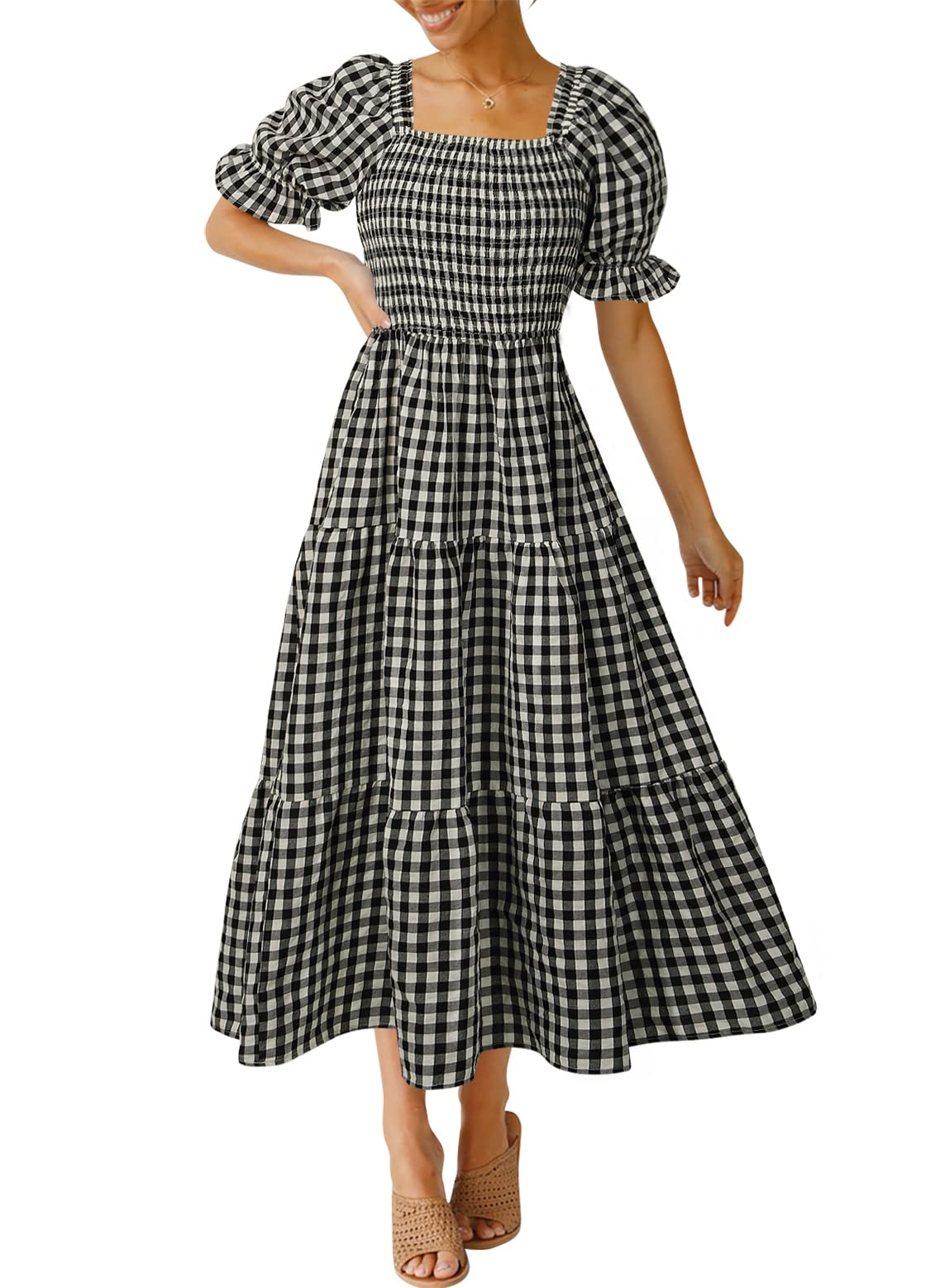 ZESICA Women's 2025 Bohemian Summer Plaid Square Neck Puff Sleeve Ruffle Flowy Midi Dress - Beach Vacation, Date Night & Casual Outfit