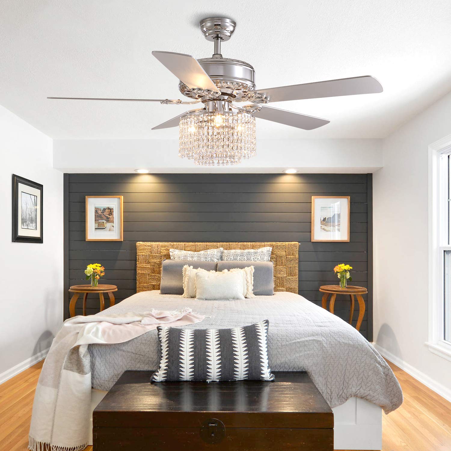 52 Inch Modern Reversible Ceiling Fan with Lights & Remote Control - Crystal Chandelier Fan for Bedroom, Dining Room & Living Room - Silver Finish - Energy Efficient LED Lighting for Home Decor & Air Circulation