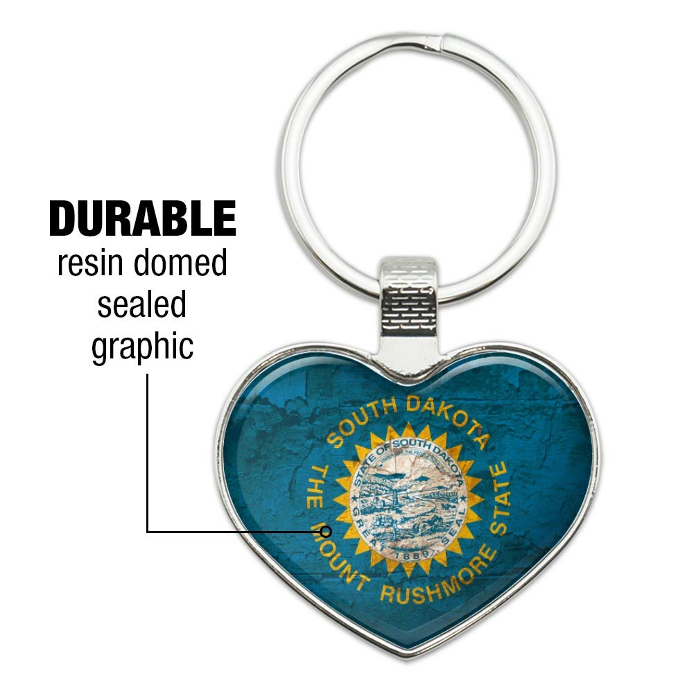Vintage Rustic South Dakota State Flag Keychain - Distressed USA Metal Key Ring with Heart Design - Perfect for Travel, Gifts & Patriotic Accessories