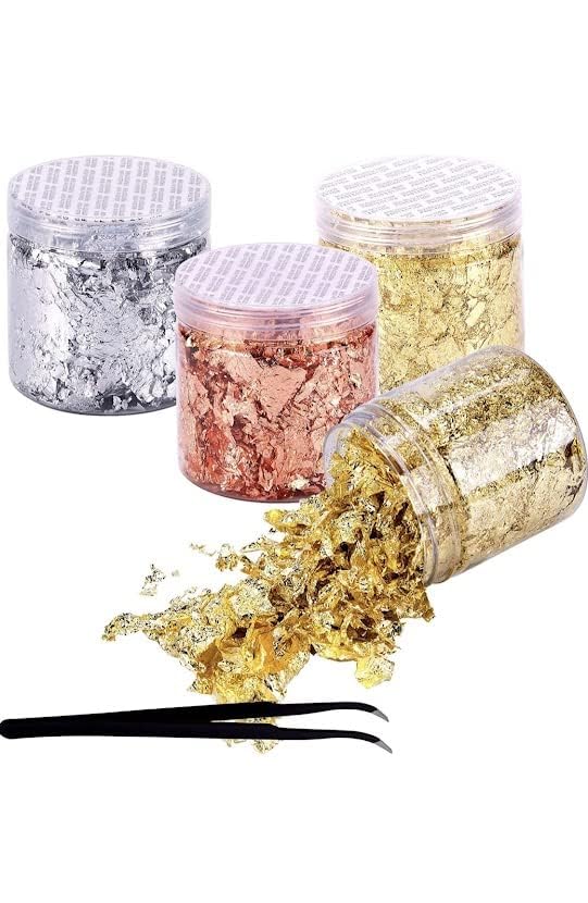 Premium Gold Leaf Foil Flakes for Resin Art - 32g Kit (2 Gold, 1 Copper, 1 Silver) with Tweezer for Nail Art, DIY Crafts, Epoxy Jewelry & Home Decor - 4 Bottle Set with Free Tweezer - Perfect for Resin Casting, Geode Art & Creative Projects