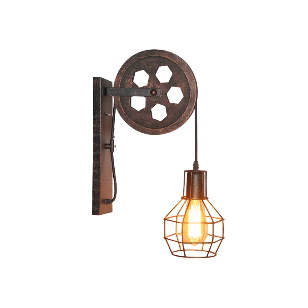 Vintage Industrial Wall Sconce - Retro Cage Pendant Light with Pulley System, E27 Edison Bulb Compatible, Wrought Iron Fixture for Loft, Bar, Corridor & Indoor Lighting - Perfect for Industrial Decor, Restaurant Ambiance and Home Theater Lighting