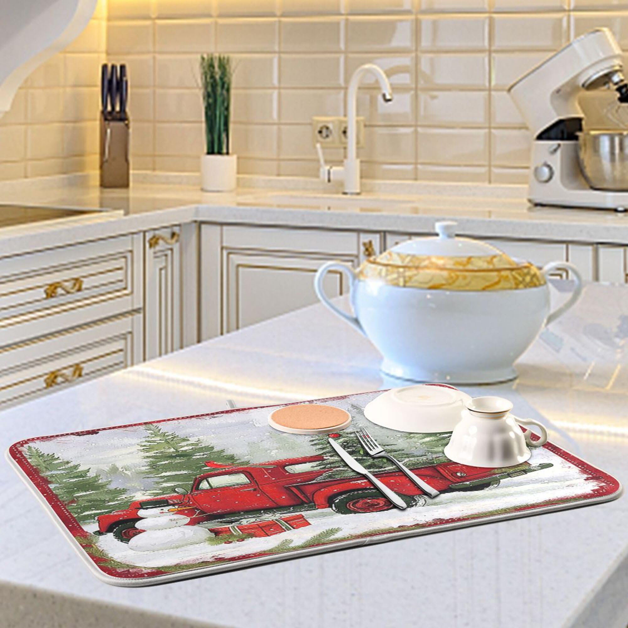 Christmas Red Truck Snowman Dish Drying Mat 16x18 Inch - Absorbent Fast Dry Kitchen Accessories for Winter, Xmas Tree & Snowflake Decor | Perfect for Holiday Dish Drainer Rack, Cardinal Bird Themed Kitchens & Festive Entertaining
