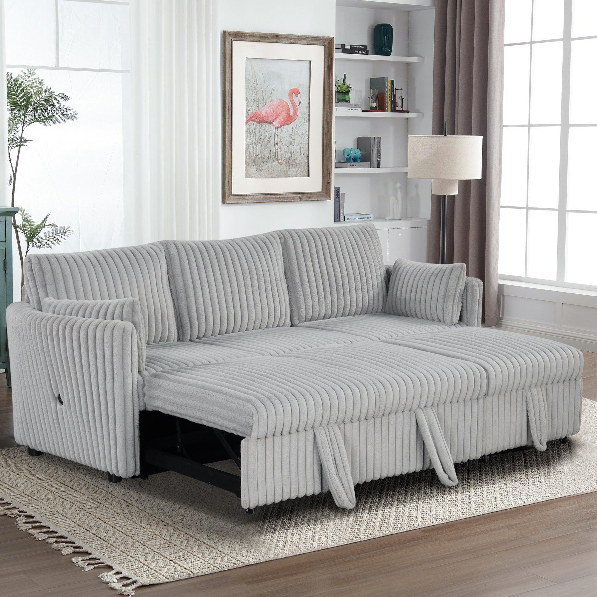Light Gray Faux Fur Oversized Convertible Sleeper Sectional Sofa with USB Charging Ports - 3-in-1 Daybed, Couch & Chair with 2 Pillows - Perfect for Living Room, Home Theater & Guest Room