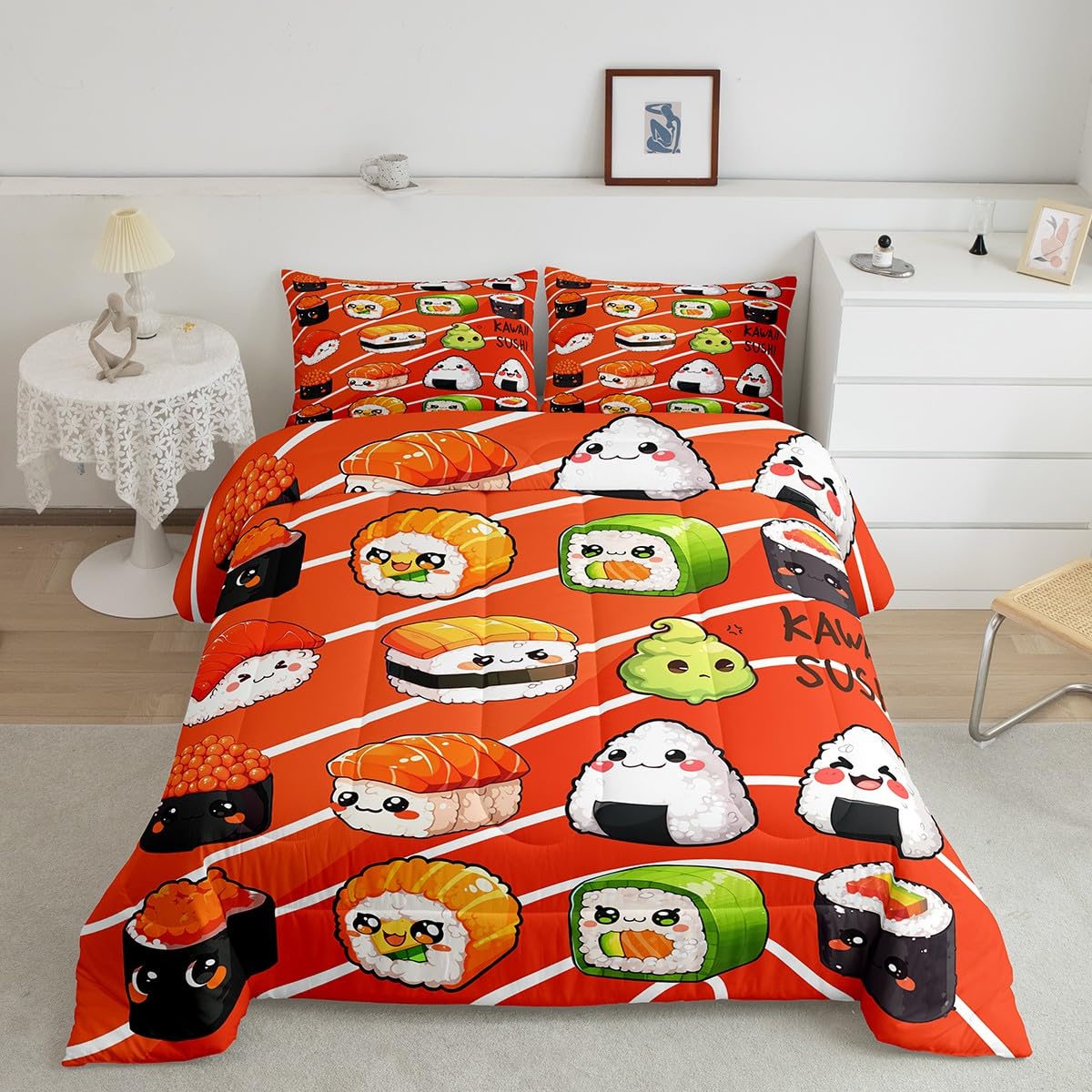 Erosebridal Queen Size Sushi Comforter Set - Japanese Traditional Cartoon Sushi Down Bedding for Kids & Teens | Food-Themed Duvet Cover & Insert for Boys Girls Bedroom Decor | Perfect for Anime Lovers & Japanese Culture Enthusiasts