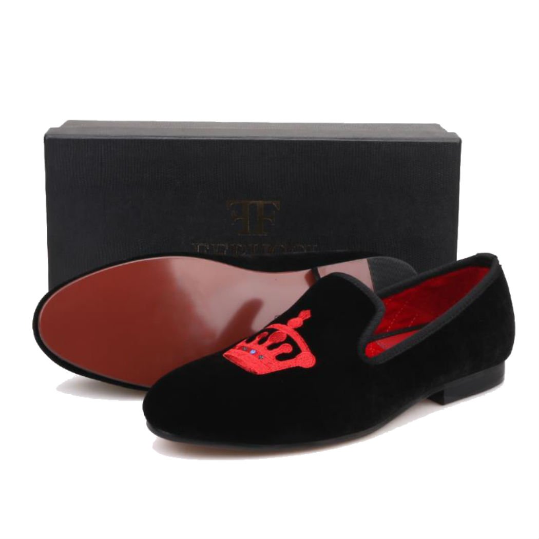 FERUCCI Handmade Men's Black Velvet Loafers with Red Crown Emblem - Luxurious Velvet House Slippers for Indoor Comfort & Casual Wear - Perfect Gift for Christmas, Birthday & Special Occasions