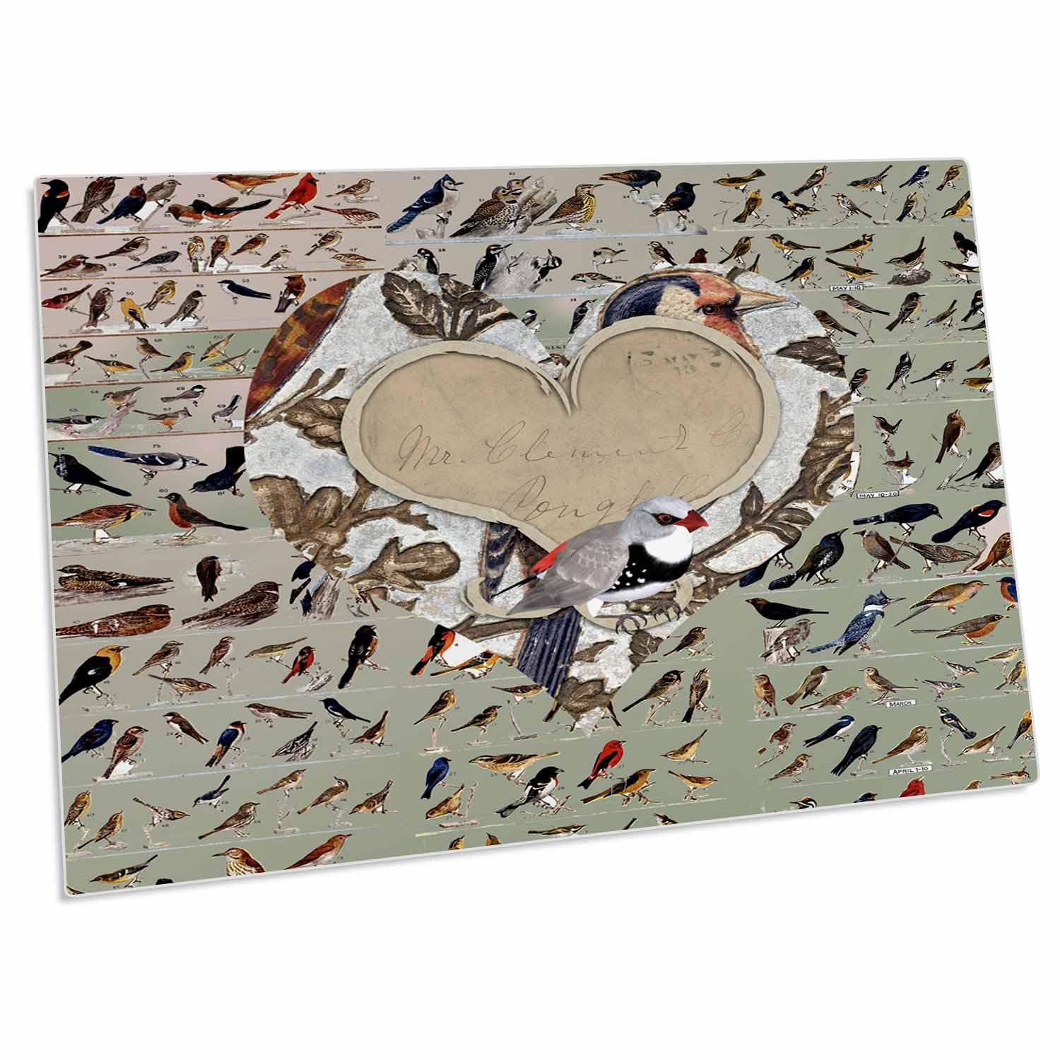 3D Rose Colorful Bird Perched on Heart - Red Bird Background Desk Pad Place Mats (dpd-220519-1) | Perfect for Dining Table Decor, Office Desk Protection & Home Kitchen Use