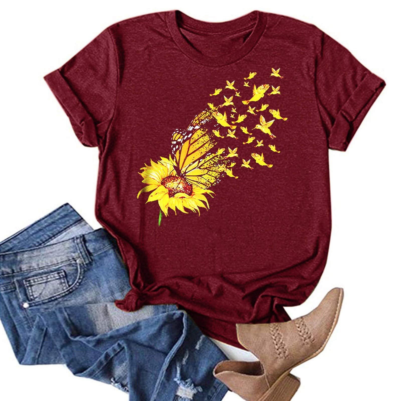 Women's Summer Fashion T-Shirts - Stylish Sunflower Print Blouse Tops for Casual Wear & Outdoor Activities