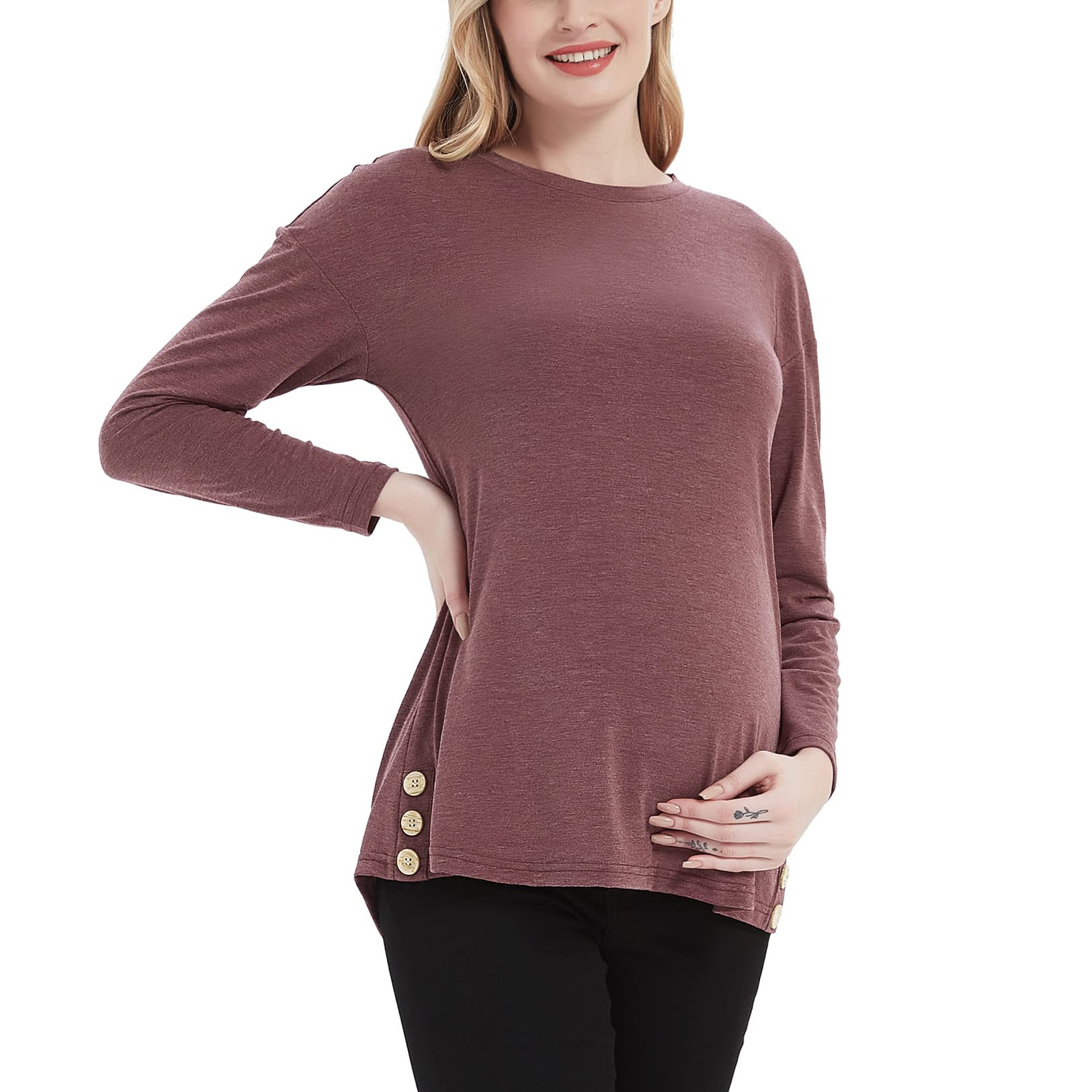 MOMOOD Maternity Shirt - Long Sleeve Pregnancy Top with Buttons, Loose Fit Round Neck Tunic for Comfortable Wear During Pregnancy | Perfect for Work, Casual Outings & Maternity Photos