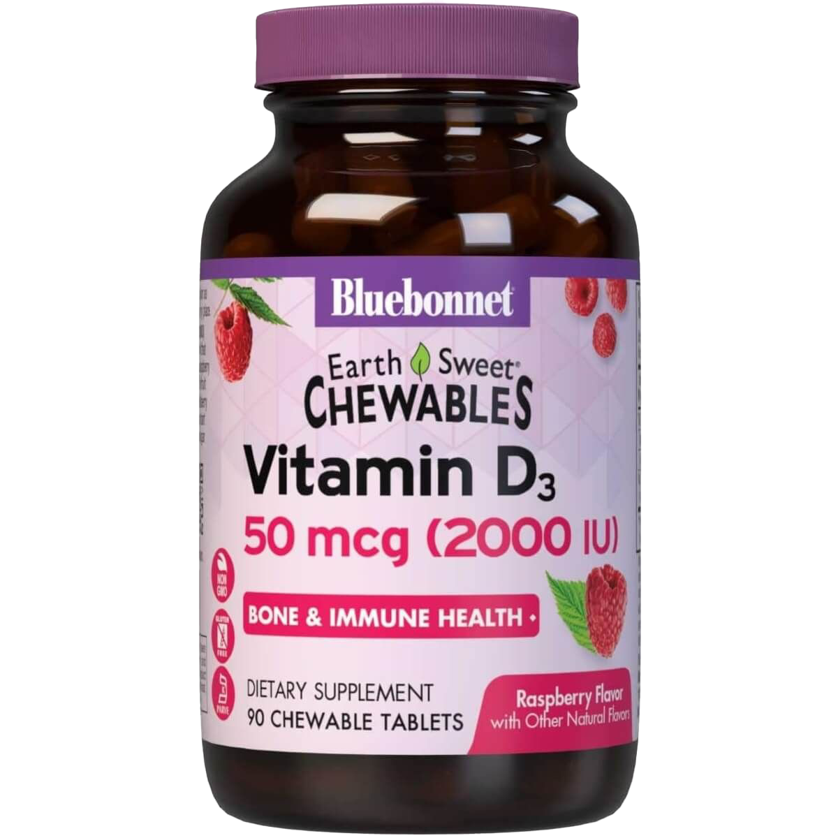 Bluebonnet Earthsweet Chewable Vitamin D3 2000 IU - 90 Raspberry Flavored Tablets for Immune Support & Bone Health - Perfect for Kids & Adults On-The-Go