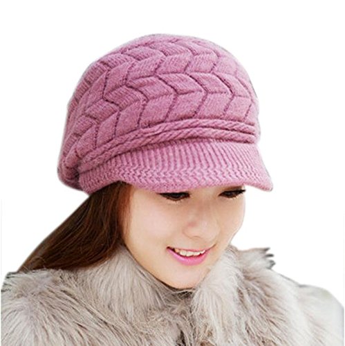 Women's Winter Knitted Skullies Beanies - Rabbit Fur Cap in Purple for Cold Weather & Outdoor Activities | Fashionable & Warm Hat for Snow, Skiing, and Daily Winter Wear
