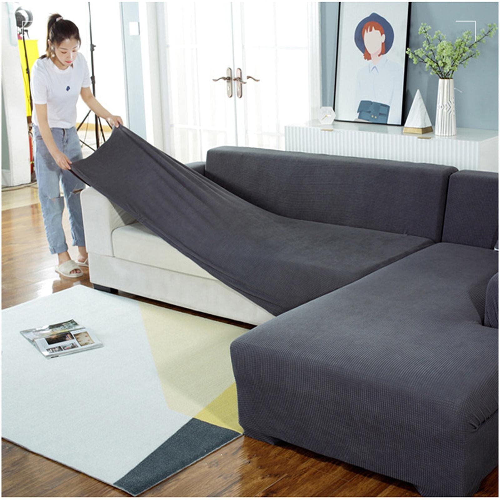 Stretch Sofa Slipcovers - Durable Elastic Couch Cover for 2/3/4 Seater Sofas | Anti-Slip Furniture Protector | Soft Thick Fabric for Pets & Kids | Large Size (Set of 2) in Gray | Perfect for Living Room, Family Room & Pet-Friendly Homes