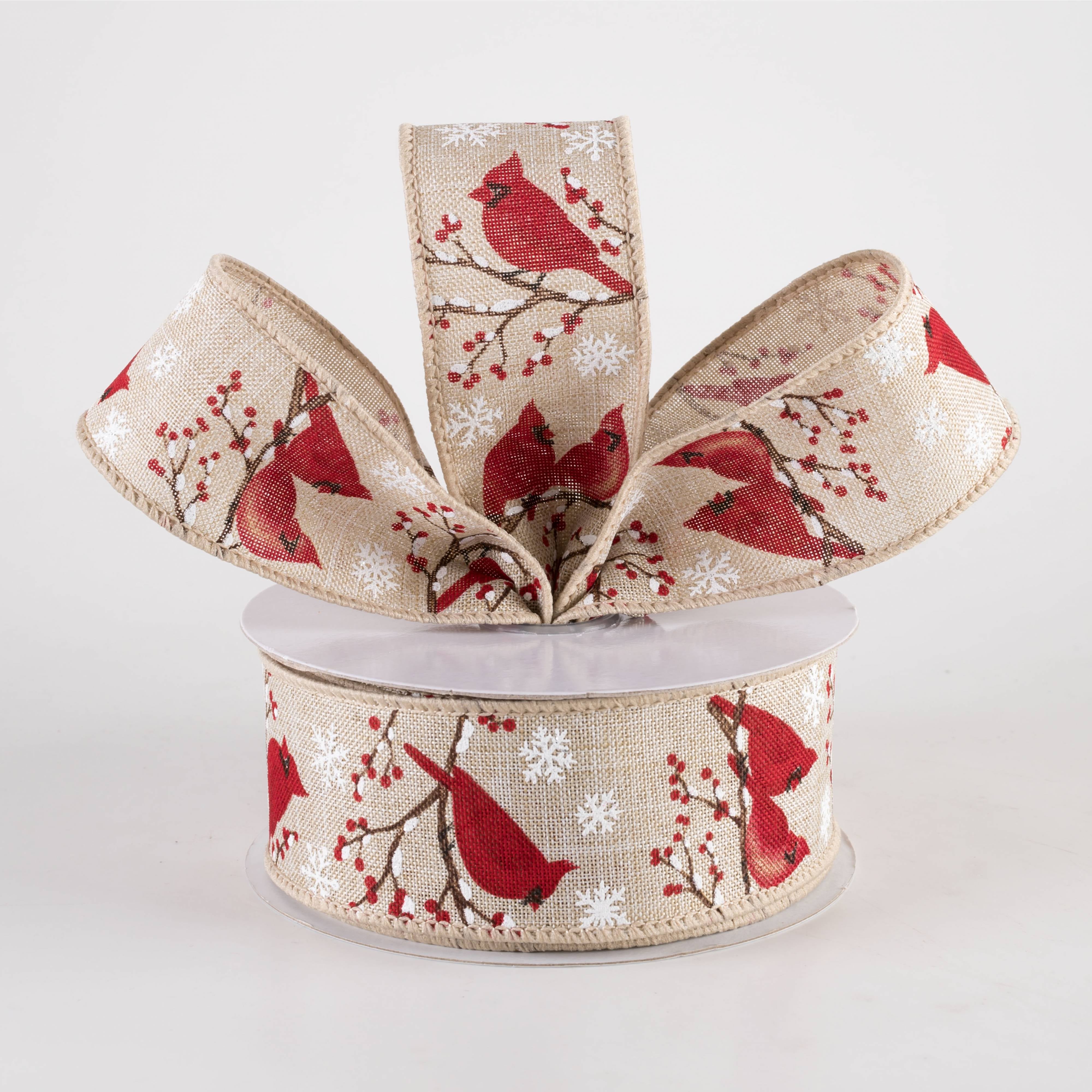 1.5 Inch Cardinal, Snowflake & Berries Christmas Ribbon - Natural Holiday Decor (10 Yards) - Perfect for Gift Wrapping, Tree Trimming, and Festive DIY Crafts
