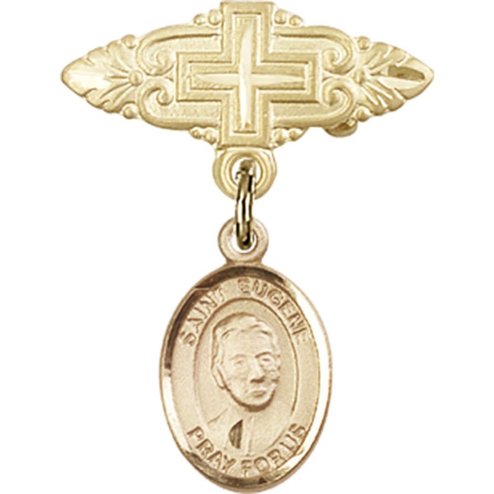 Gold Filled Baby Badge with St. Eugene de Mazenod Charm & Cross Pin - 1 X 3/4 Inch - Religious Jewelry for Baptism, First Communion & Christening Gifts